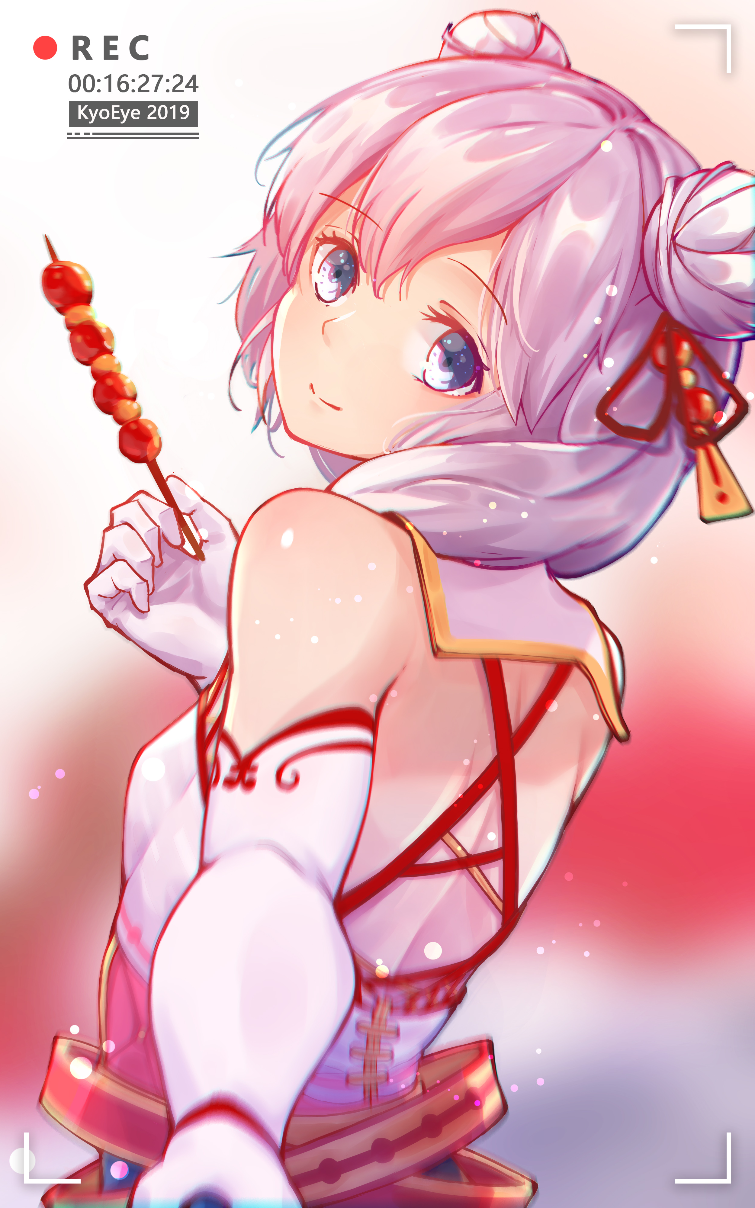 luojiwei, theresa apocalypse, honkai (series), honkai impact 3rd, absurdres, highres, 1girl, blue eyes, china dress, chinese clothes, closed mouth, dango, double bun, dress, elbow gloves, food, gloves, hair bun, hair ornament, holding, holding food, looking at viewer, looking back, smile, solo, tareme, valentine, viewfinder, wagashi, white dress, white gloves, white hair
