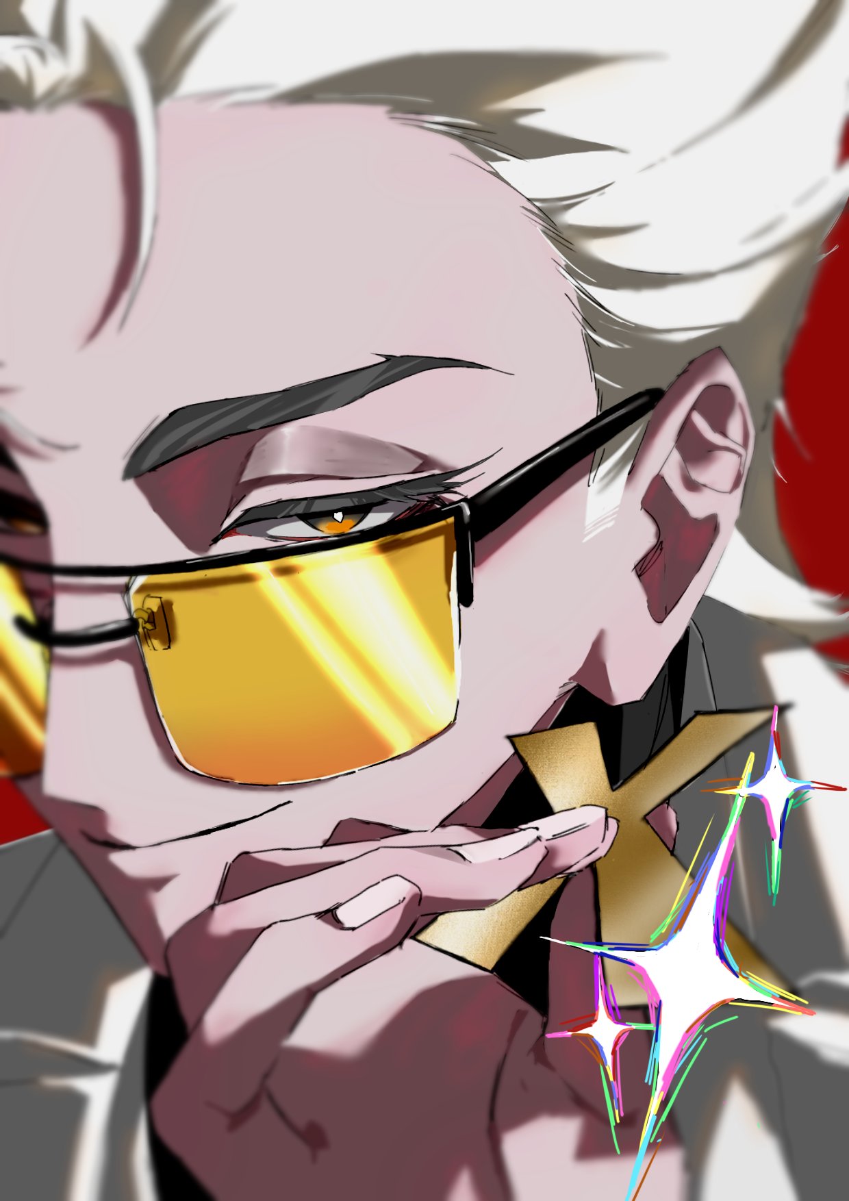 x (to be hero x), to be hero, to be hero x, highres, formal clothes, hair slicked back, loose hair strand, mullet, rainbow outline, satoutosioumai1, smug, suit, tinted eyewear, vest, white hair, white suit, white vest, x ornament