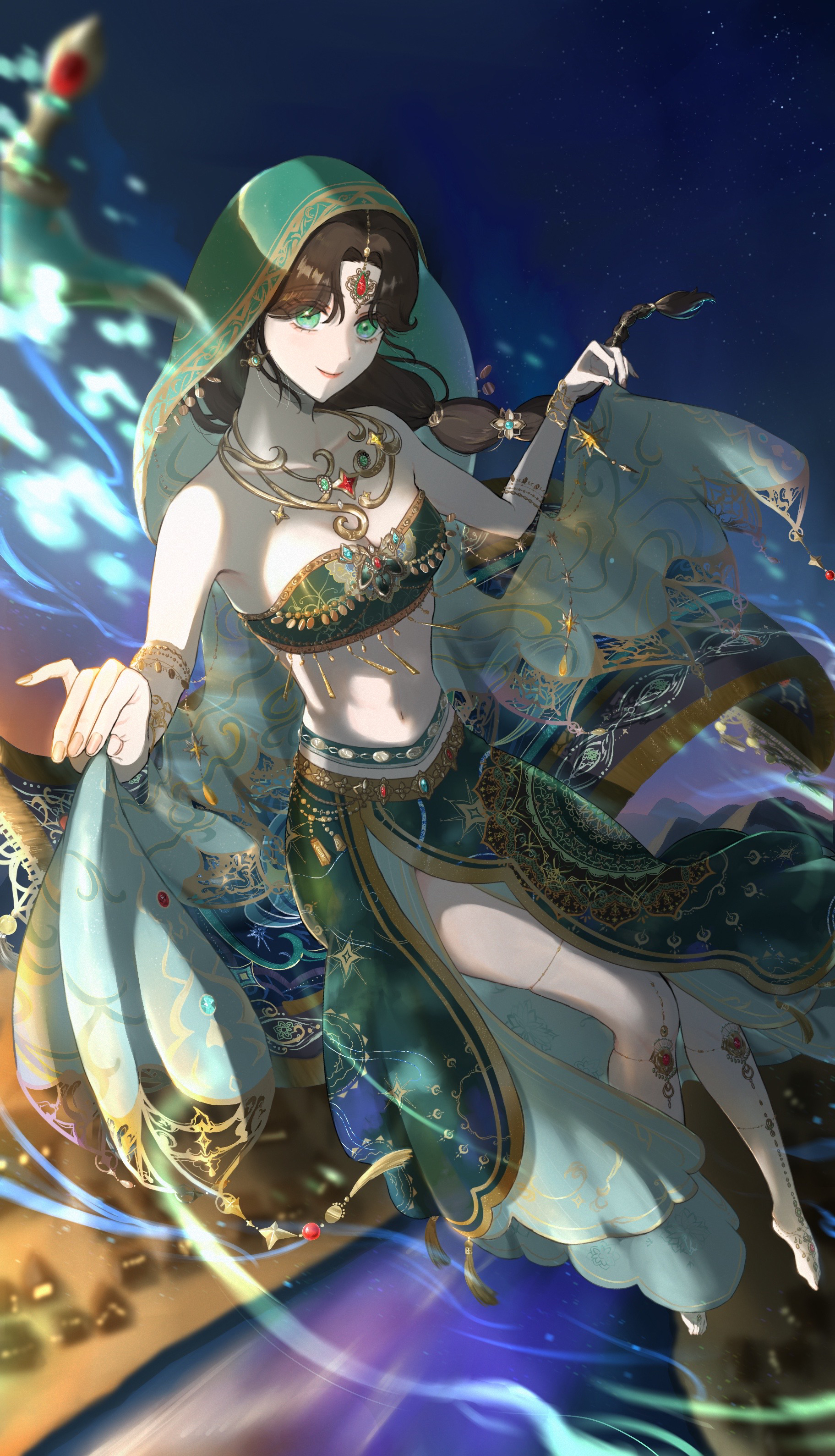 kohanai setsuna, nikki (series), shining nikki, absurdres, highres, 1girl, arabian clothes, bare shoulders, barefoot sandals (jewelry), blunt bangs, bracelet, braid, breasts, brown hair, cleavage, closed mouth, earrings, eyelashes, fingernails, floating, floating clothes, floating hair, forehead jewel, full body, gem, genie, gold bracelet, gold necklace, green eyes, green skirt, green tube top, green veil, hair ornament, happy, jewelry, light particles, lipstick, long hair, long skirt, magic carpet, makeup, medium breasts, midriff, multiple bracelets, necklace, night, night sky, oil lamp, outdoors, parted bangs, pink lips, red gemstone, side slit, single braid, skirt, skirt hold, sky, smile, solo, sphere earrings, strapless, tale of wishes (shining nikki), tube top, veil