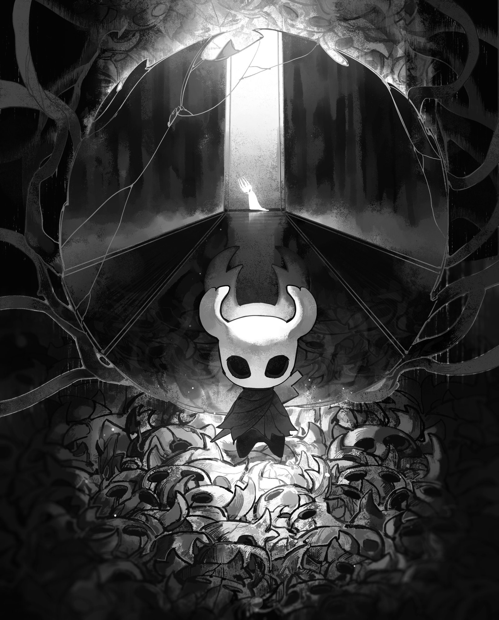 darkdog, knight (hollow knight), pale king (hollow knight), hollow knight, father and child, highres, 1boy, 1other, black eyes, broken mask, cloak, crack, grey cloak, hollow eyes, horned mask, horns, mask, mirror, nail (hollow knight), reflection, solo focus, white mask