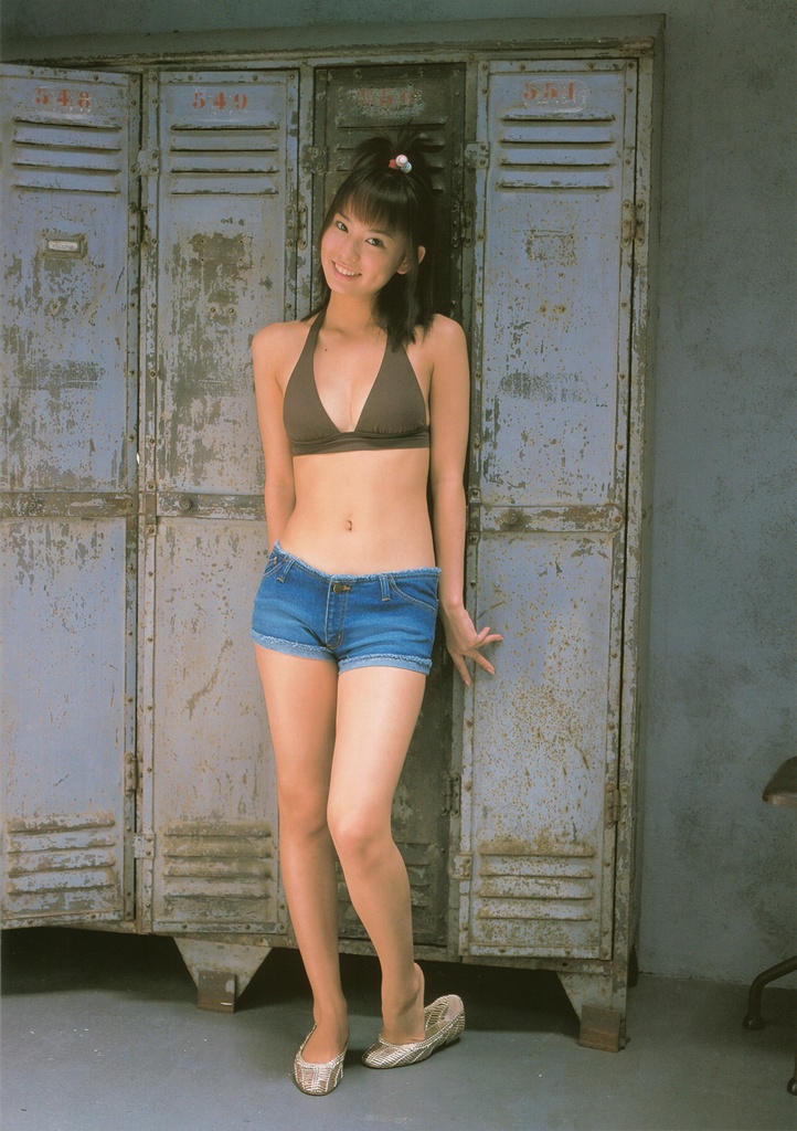 ichikawa yui, photo (medium), tagme, 1girl, asian, bare legs, bikini, bikini top only, cutoffs, denim, denim shorts, female focus, flats, high ponytail, indoors, locker, looking at viewer, midriff, mole, ponytail, shoes, shorts, smile, solo, swimsuit