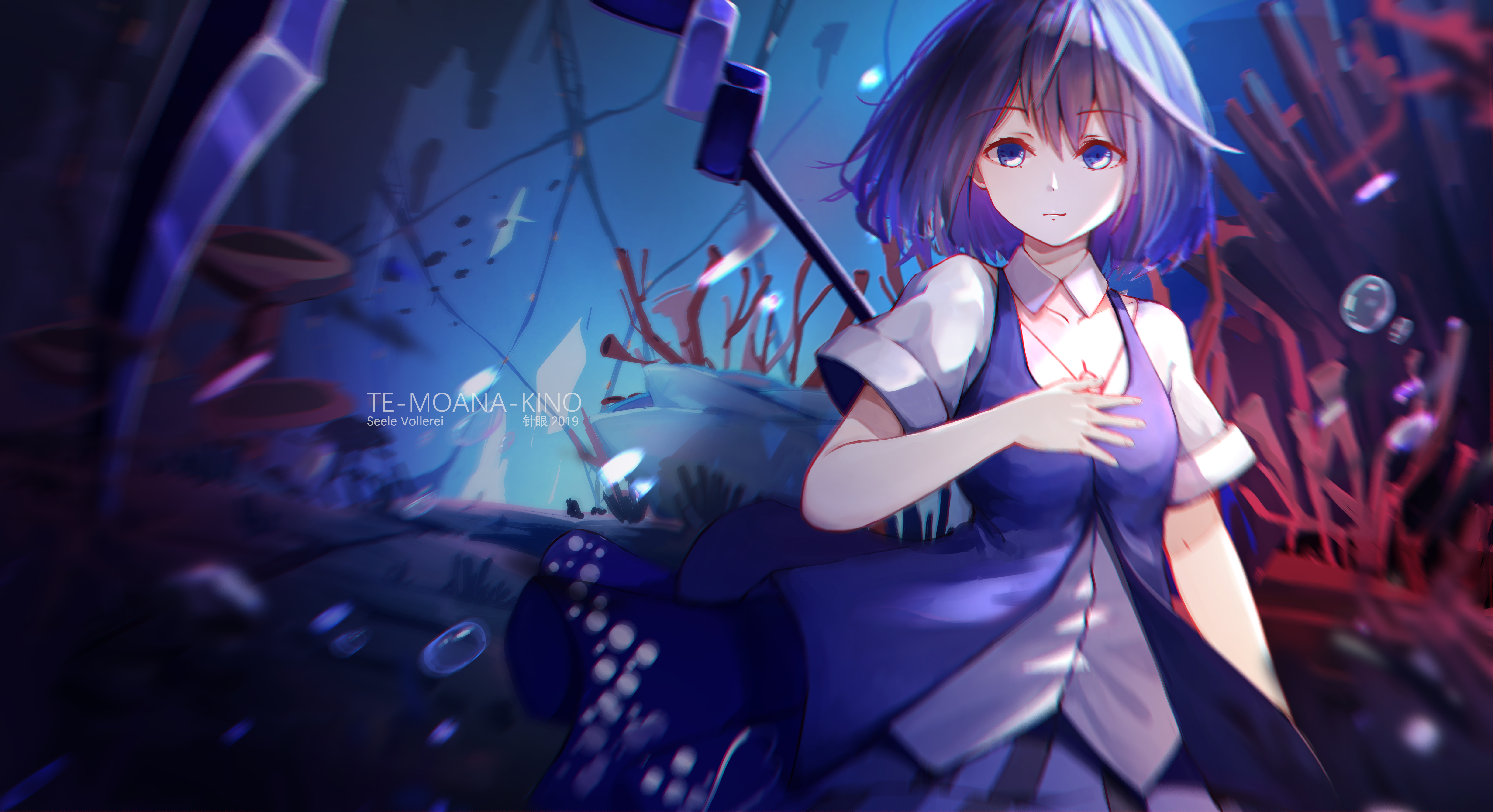 luojiwei, seele vollerei, seele vollerei (azure memories), seele vollerei (swallowtail phantasm), honkai (series), honkai impact 3rd, absurdres, highres, 1girl, blue eyes, blue hair, blue vest, chest tattoo, closed mouth, coral reef, holding, holding scythe, holding weapon, scythe, shirt, short hair, short sleeves, solo, tattoo, underwater, vest, weapon, white shirt