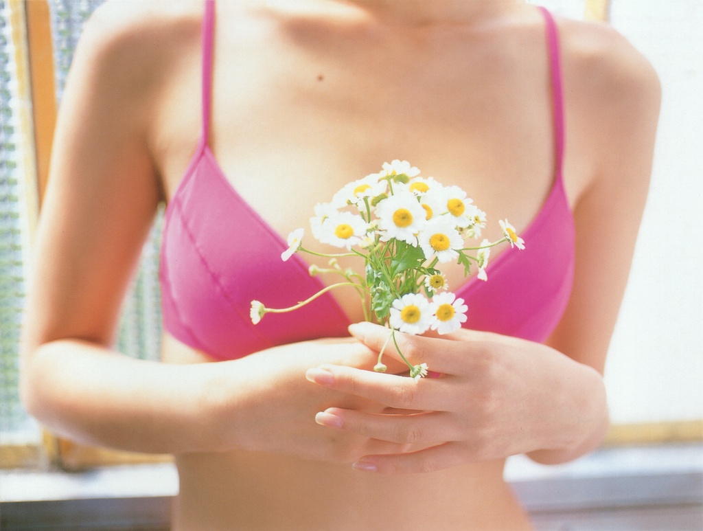 ichikawa yui, photo (medium), tagme, 1girl, asian, bikini, bikini top only, blurry, bouquet, depth of field, female focus, flower, indoors, mole, pink bikini, solo, swimsuit