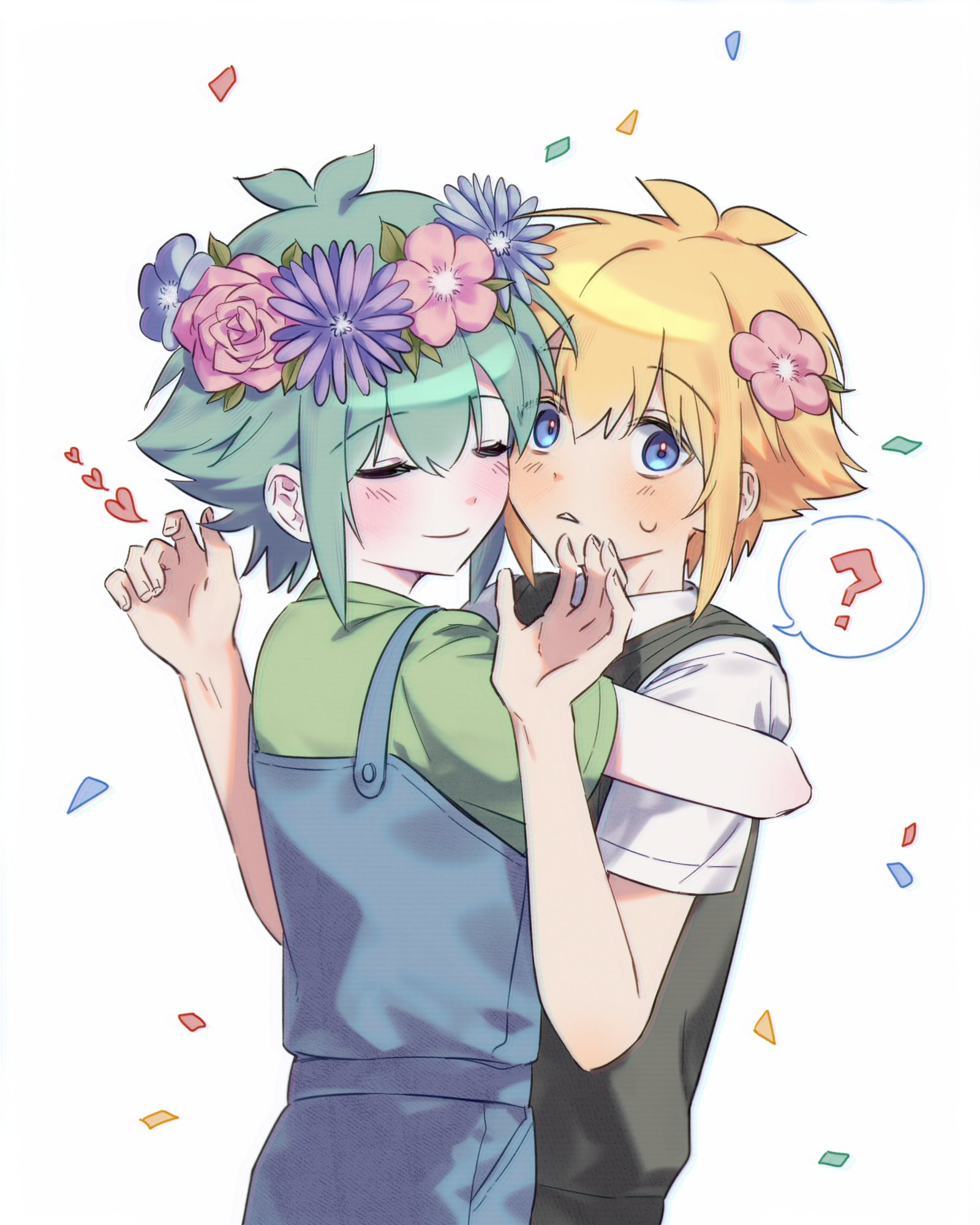 torete (70re7e), basil (faraway) (omori), basil (headspace) (omori), basil (omori), omori, highres, 2boys, ?, antenna hair, blue eyes, blue overalls, blush, closed mouth, collared shirt, colored skin, confetti, double-parted bangs, dual persona, flower, green hair, green shirt, green sweater vest, hair flower, hair ornament, head wreath, hug, looking at viewer, male focus, multiple boys, overalls, parted lips, shirt, short hair, short sleeves, simple background, smile, speech bubble, spoken question mark, sweater vest, t-shirt, triangle mouth, white background, white shirt, white skin