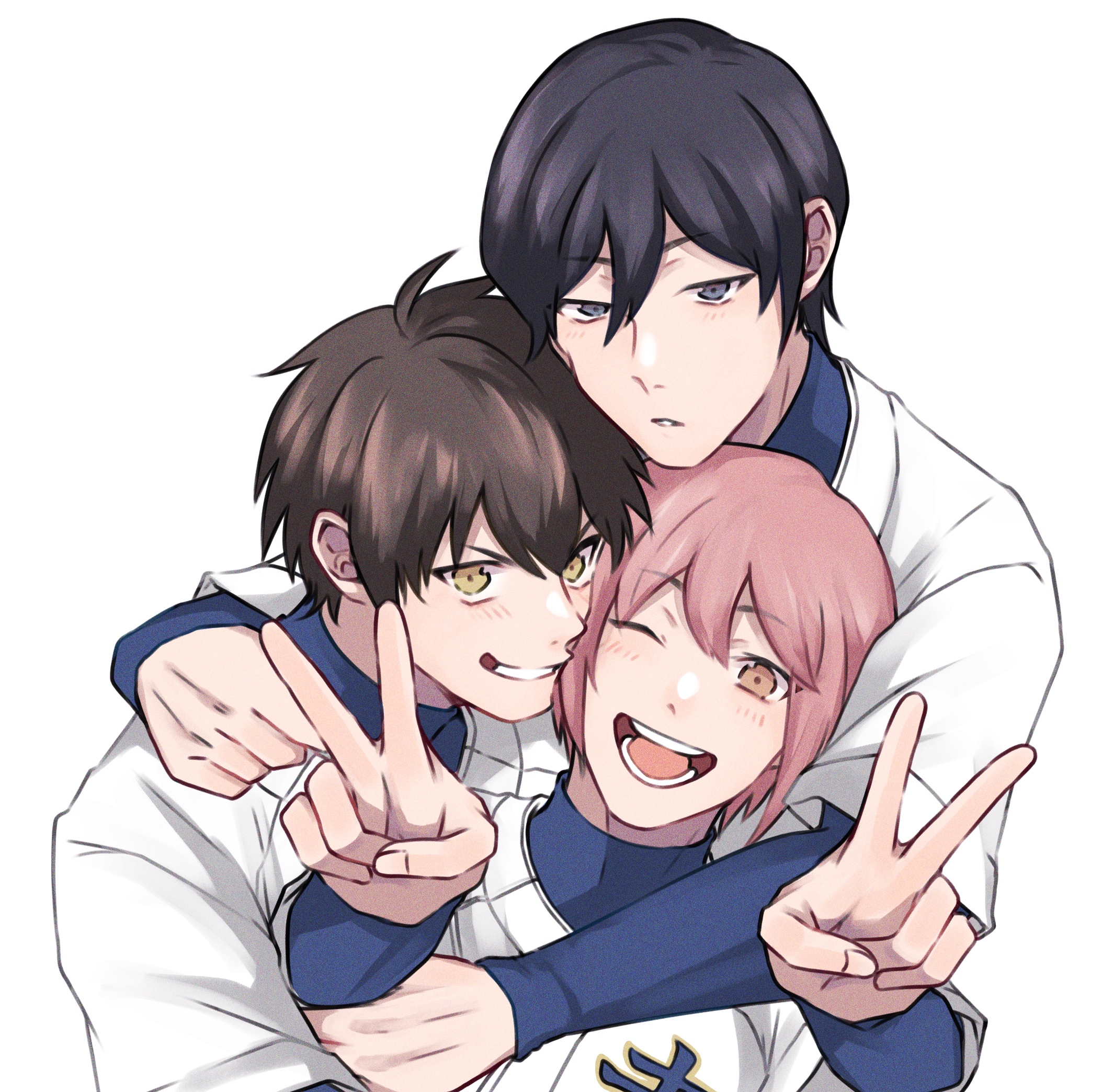 aiaipoponta0605, furuya satoru, kominato haruichi, sawamura eijun, ace of diamond, commentary request, highres, 3boys, baseball uniform, black hair, blue eyes, brown hair, double v, grin, group hug, hair between eyes, hug, hug from behind, light blush, long sleeves, looking at viewer, male focus, multiple boys, one eye closed, pink hair, short hair, simple background, smile, sportswear, teeth, tongue, upper body, v, white background, yellow eyes