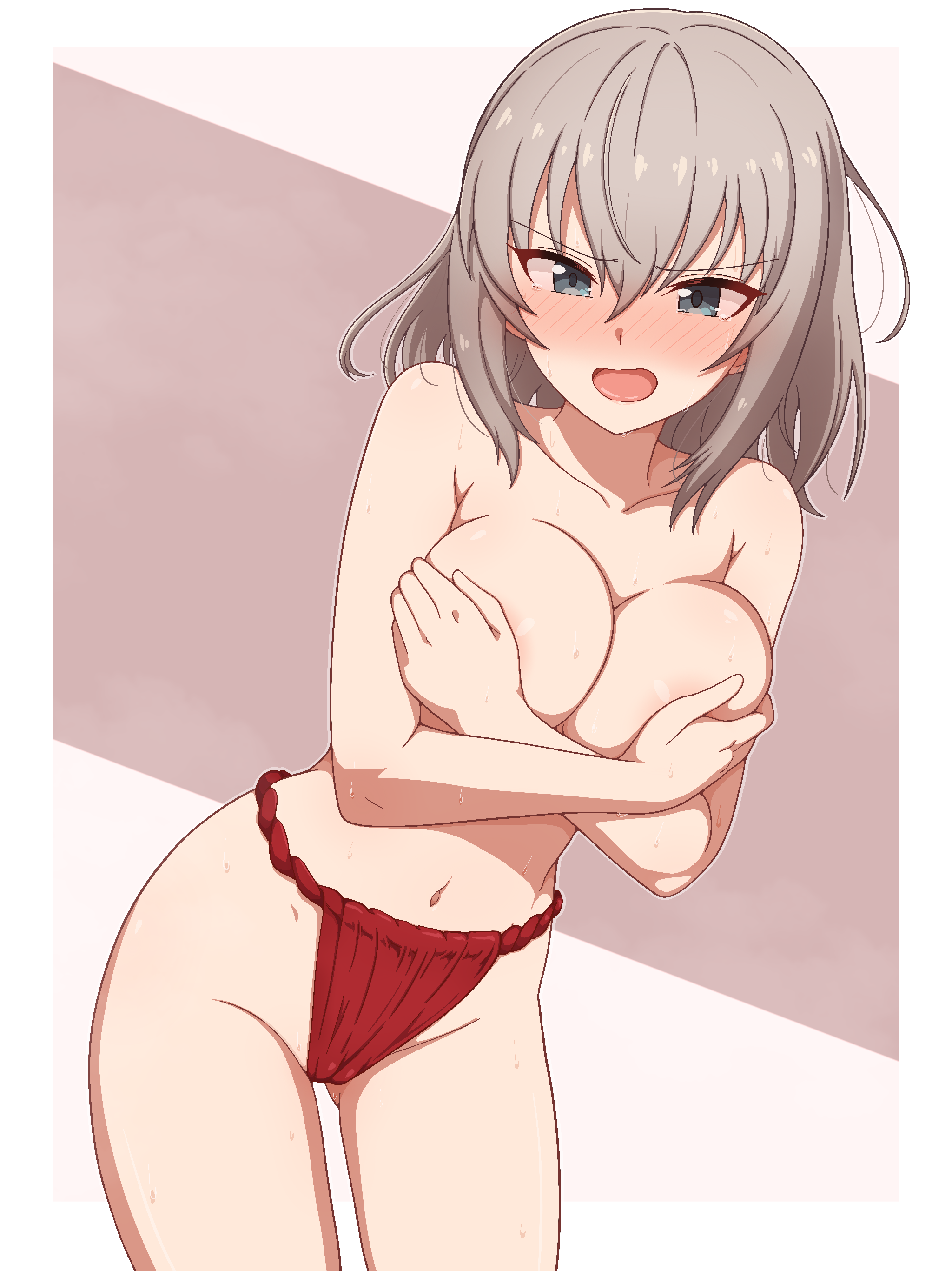 milliani, itsumi erika, girls und panzer, absurdres, commission, highres, pixiv commission, 1girl, areola slip, blue eyes, blush, breasts, cleavage, collarbone, covering breasts, covering privates, cowboy shot, embarrassed, full-face blush, fundoshi, furrowed brow, grey hair, highleg, japanese clothes, large breasts, navel, open mouth, simple background, solo, standing, thigh gap