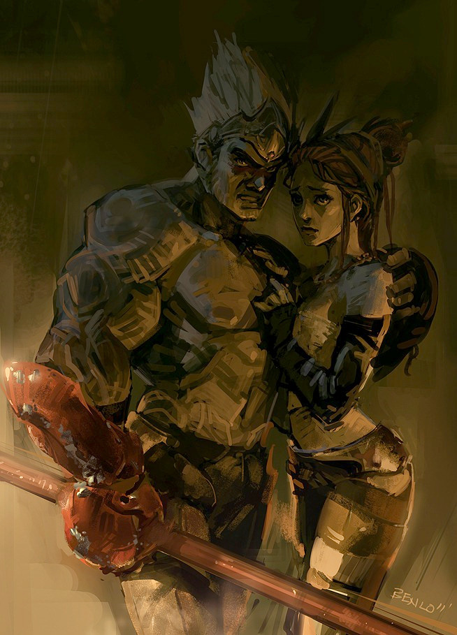 ben lo, character request, copyright request, 1boy, 1girl, angry, arched back, arm around back, arm on another's shoulder, bags under eyes, belt, black eyes, braid, brown hair, clenched teeth, colored skin, crop top, detached sleeves, facepaint, full-body tattoo, gauntlets, grey skin, hair bun, headgear, holding, holding polearm, holding weapon, limited palette, looking at viewer, muscular, muscular male, narrowed eyes, no shirt, painterly, pectorals, polearm, revealing clothes, sidelocks, spiked hair, stomach, tattoo, teeth, weapon, white hair, worried