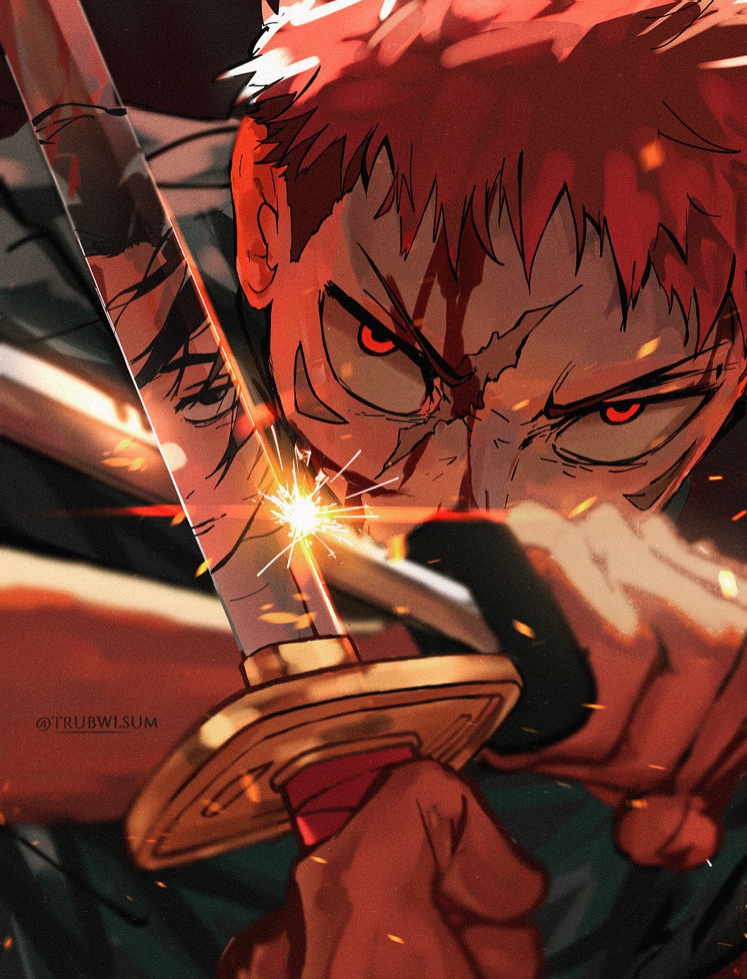 trubwlsum, itadori yuuji, okkotsu yuuta, jujutsu kaisen, highres, 2boys, black hair, multiple boys, multiple swords, pink hair, red eyes, reflection, scar, scar on face, sideburns, spiked hair, sword clash