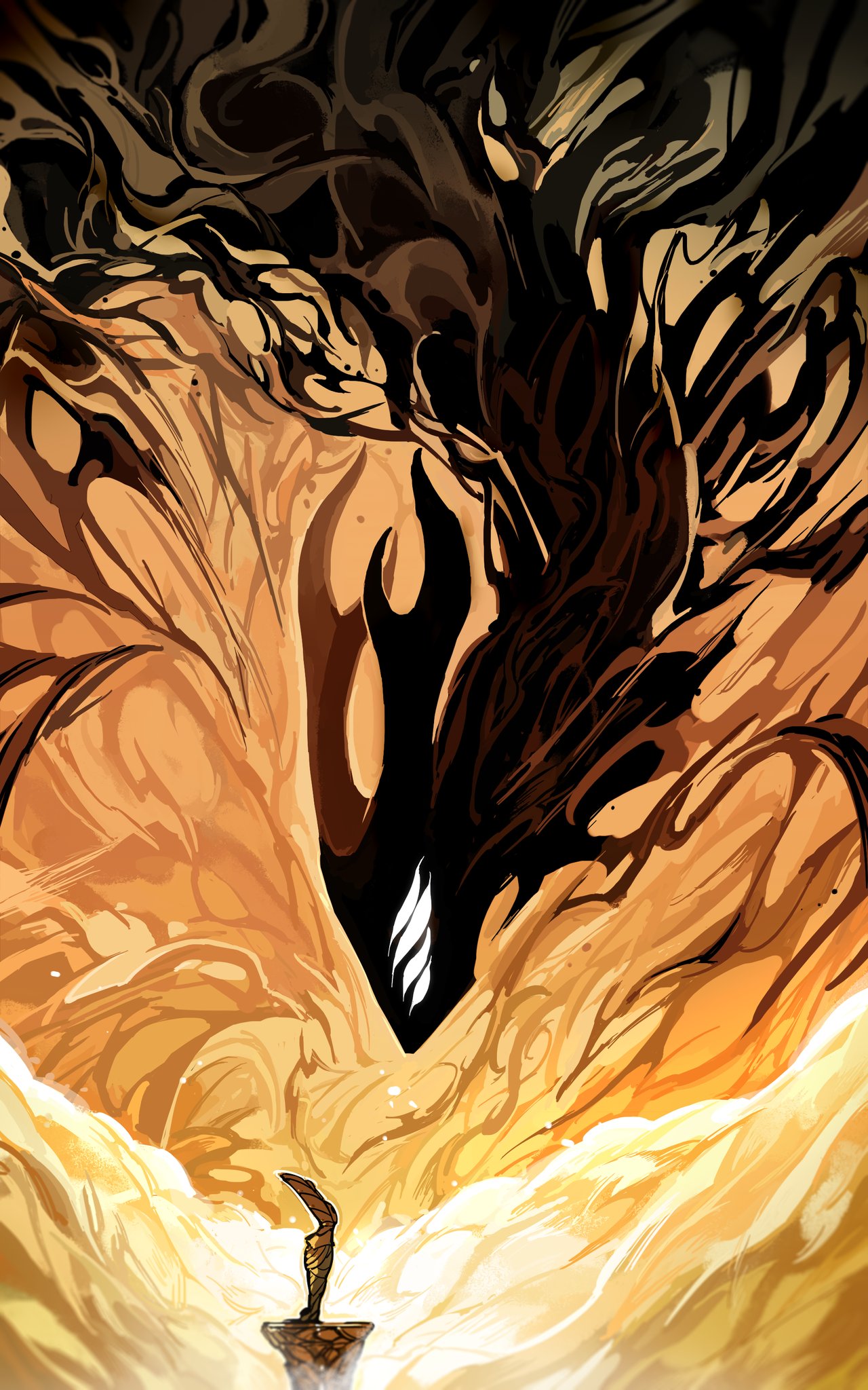 darkdog, godseeker (hollow knight), void entity (hollow knight), hollow knight, highres, 1girl, 1other, blank eyes, color contrast, contrast, darkness, extra eyes, horns, looking at another, monster, size difference, white eyes