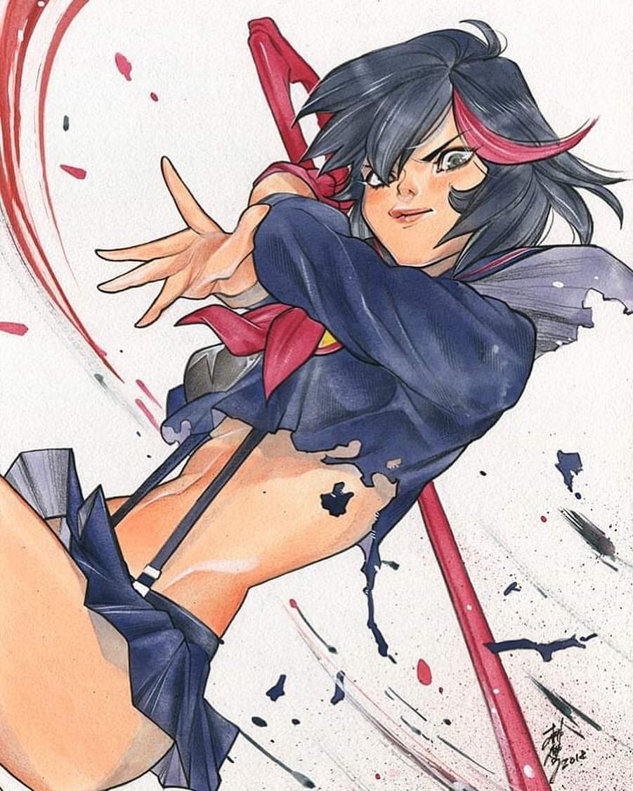 peach momoko, matoi ryuuko, senketsu, kill la kill, traditional media, 1girl, artist name, black hair, black serafuku, black shirt, black skirt, breasts, holding, holding sword, holding weapon, medium breasts, midriff, multicolored hair, navel, red ribbon, ribbon, school uniform, scissor blade (kill la kill), serafuku, shirt, signature, skirt, solo, streaked hair, suspenders, sword, underboob, weapon