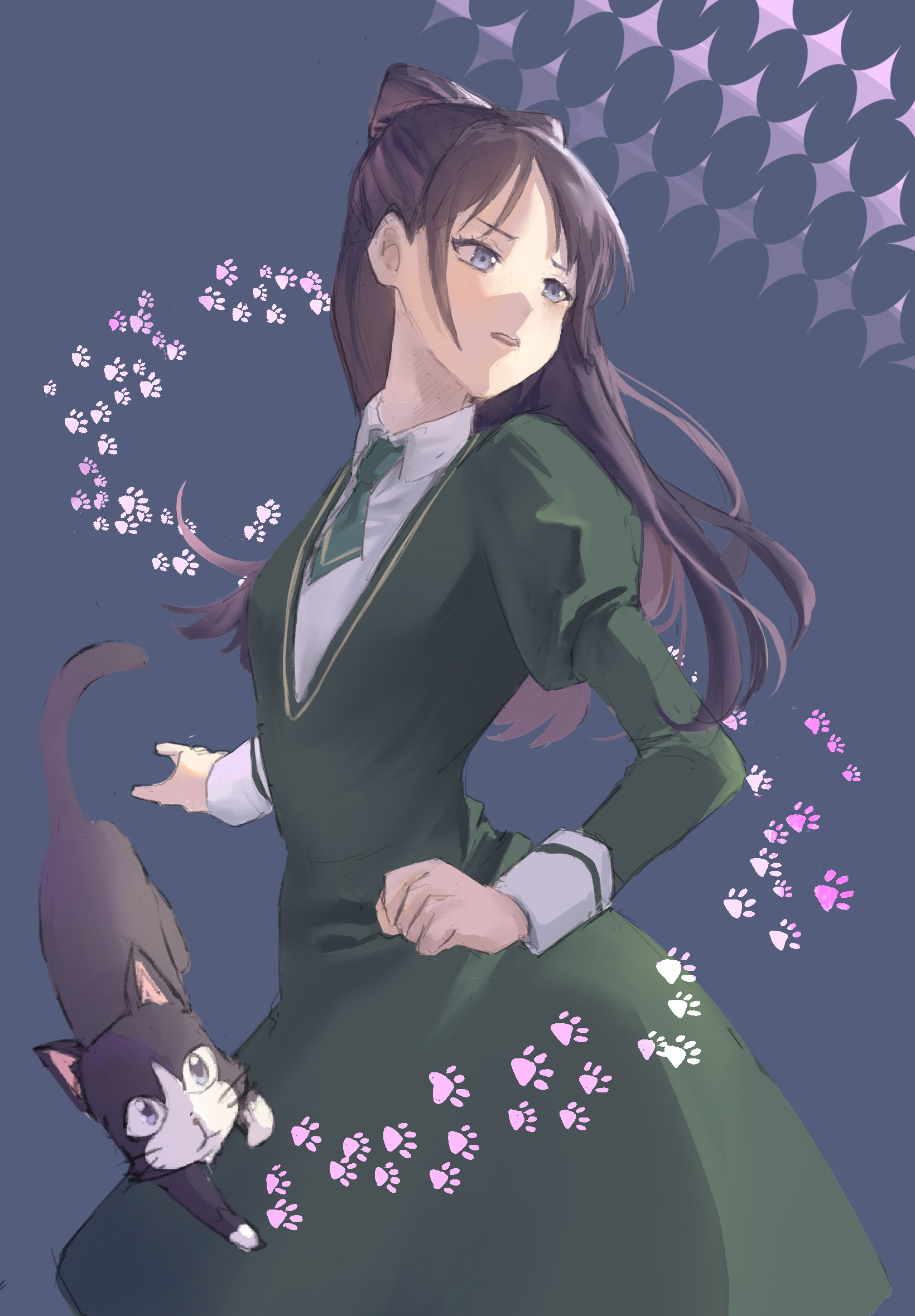 miyao nemu, witch watch, highres, 1girl, black hair, blue eyes, bow, cat, clenched hand, dress, green dress, grey background, hair bow, long hair, long sleeves, open mouth, paw print, puffy long sleeves, puffy sleeves, simple background, sketch, uname
