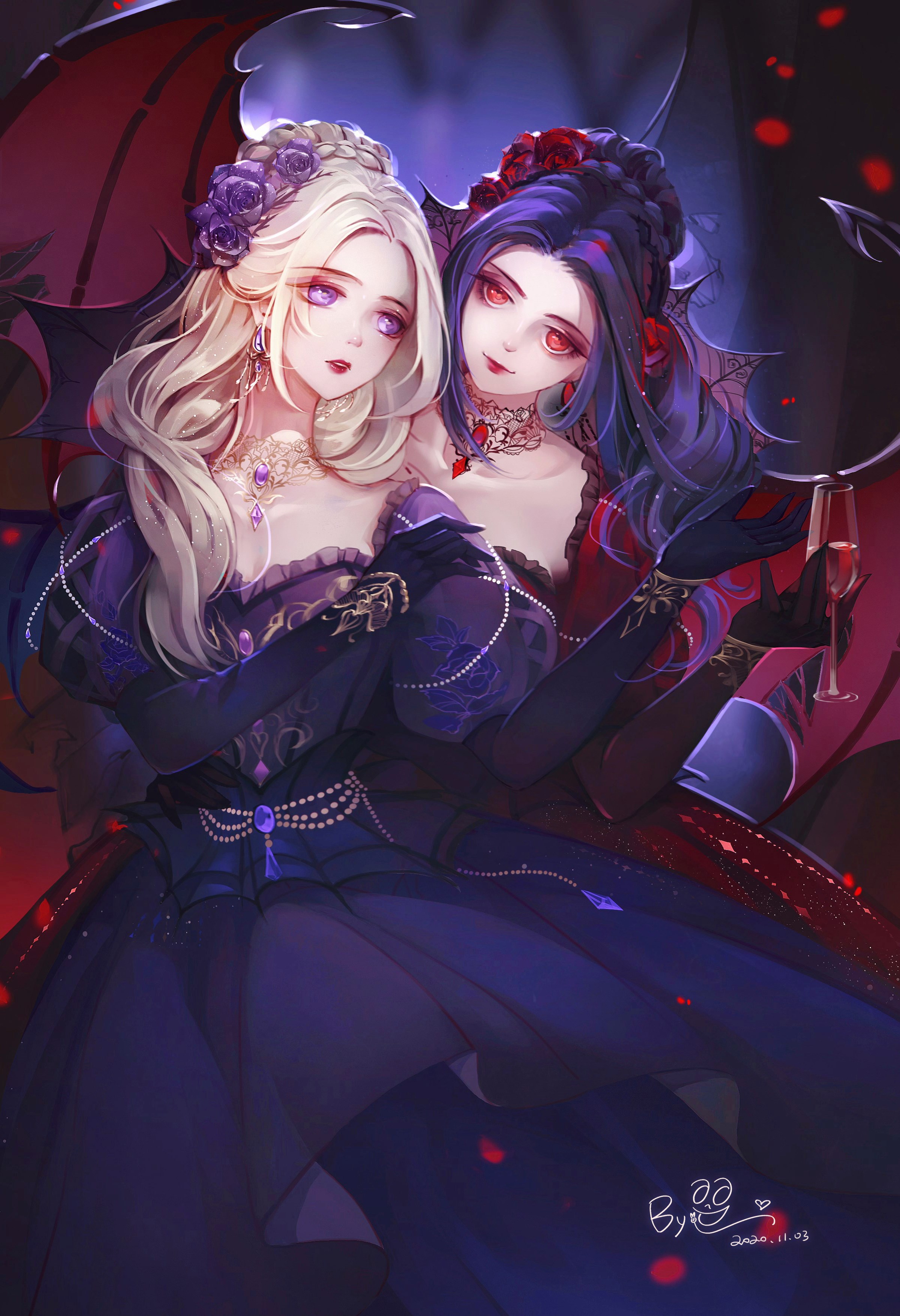 by yi, nikki (series), shining nikki, absurdres, highres, 2girls, ambiguous red liquid, bat wings, beads, black choker, black gloves, blonde hair, blurry, blurry background, bun with braided base, choker, closed mouth, collarbone, corset, cowboy shot, cup, dated, dress, drink, drinking glass, dual persona, earrings, elbow gloves, expressionless, fiery dusk (shining nikki), flower, gloves, glowing, glowing eyes, gold necklace, gown, hair bun, hair flower, hair ornament, half updo, hand on own shoulder, happy, holding, holding drink, indoors, jewelry, lace, lace choker, lipstick, long dress, long hair, looking at another, makeup, multiple girls, necklace, night, night dirge (shining nikki), official alternate color, open mouth, petals, puffy short sleeves, puffy sleeves, purple corset, purple dress, purple eyes, purple flower, purple hair, red dress, red eyes, red lips, red wings, rose petals, short sleeves, signature, single hair bun, smile, standing, very long hair, window, wine glass, wings
