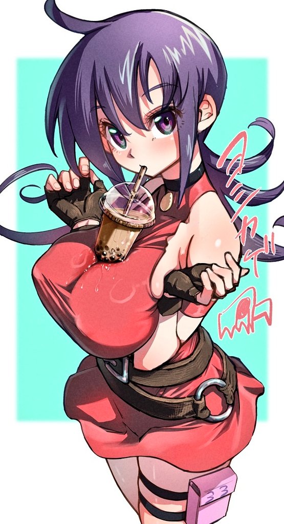 yoshikage (yo4kage), tasogare mimi, duel masters, commentary request, 1girl, aqua background, belt, border, breasts, breasts squeezed together, brown belt, brown gloves, bubble tea challenge, cowboy shot, dress, drinking, fingerless gloves, gloves, large breasts, long hair, looking at viewer, o-ring, o-ring belt, outside border, pouch, purple eyes, purple hair, red dress, short dress, sidelocks, signature, sleeveless, sleeveless dress, solo, thigh pouch, white border