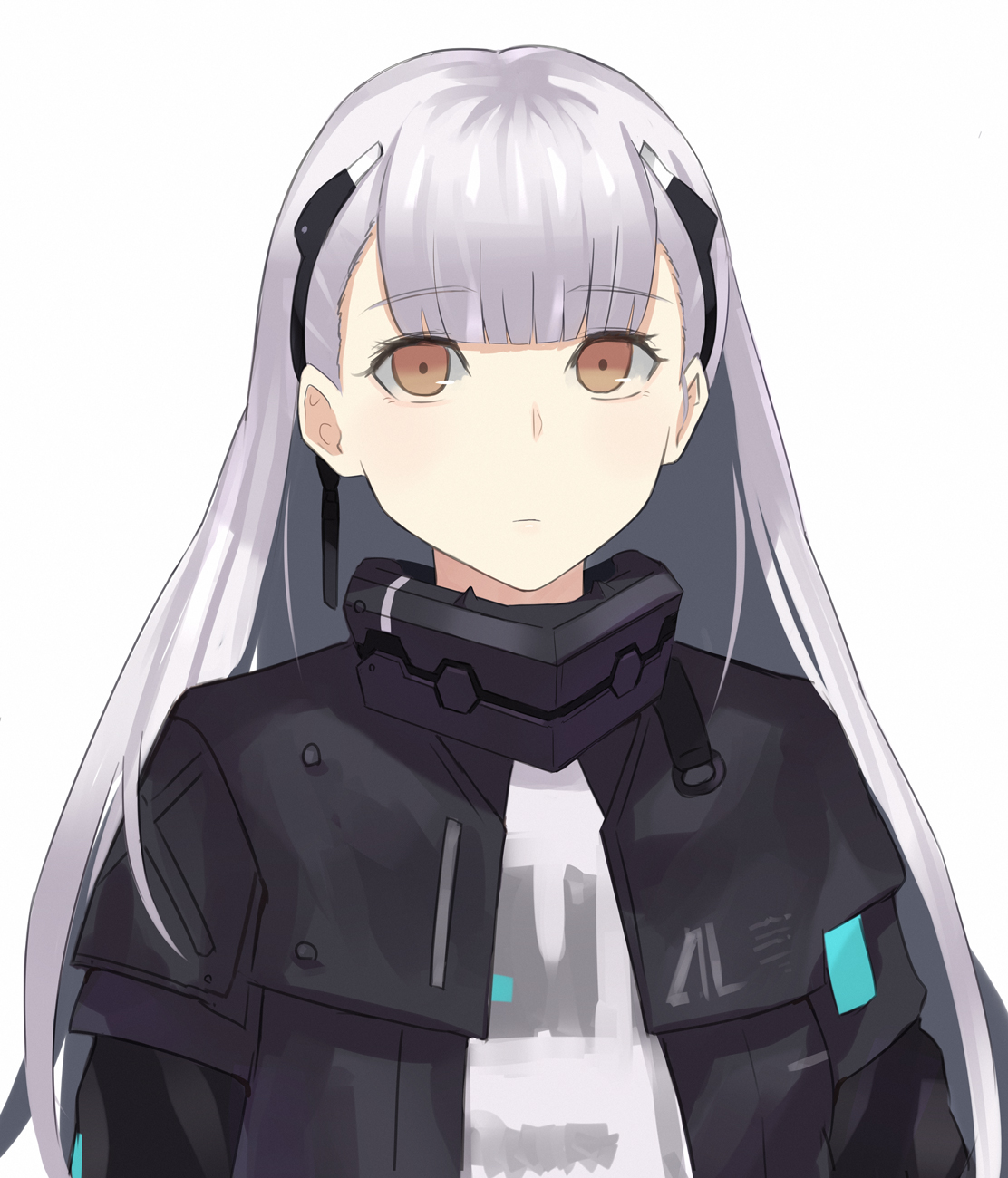 asakiri koko, ak-alfa (girls' frontline), girls' frontline, commentary request, highres, 1girl, black jacket, blunt bangs, center-flap bangs, frown, jacket, light blush, long hair, long sleeves, looking at viewer, open clothes, open jacket, orange eyes, shirt, simple background, solo, upper body, white background, white hair, white shirt