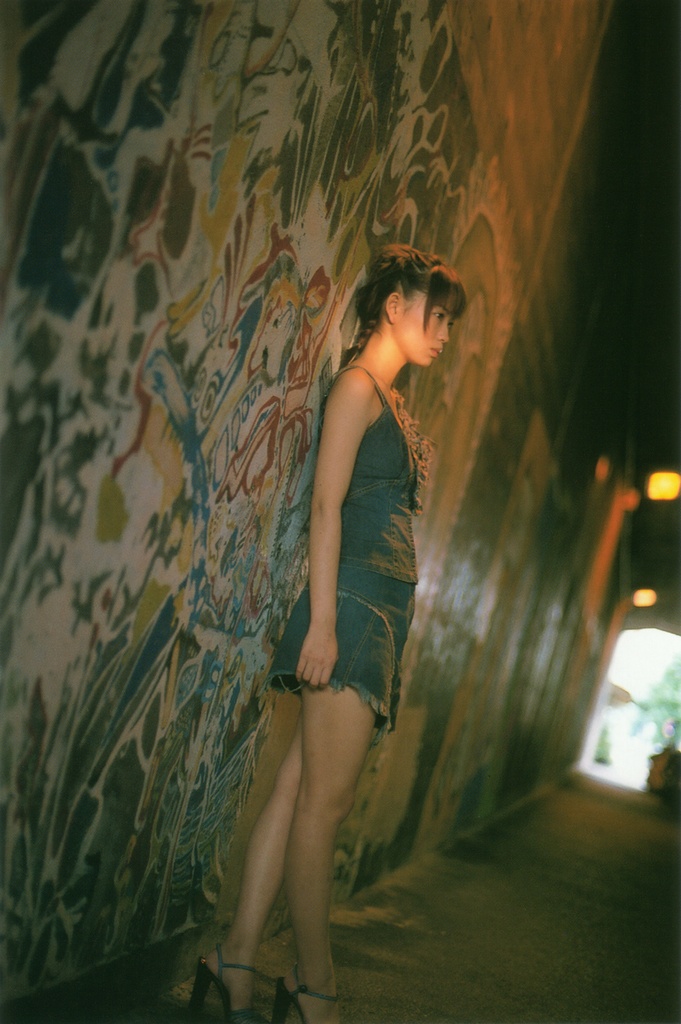 ichikawa yui, photo (medium), tagme, 1girl, asian, bare legs, breasts, brown hair, denim, denim skirt, dutch angle, female focus, high heels, miniskirt, shoes, skirt, small breasts, solo, tank top