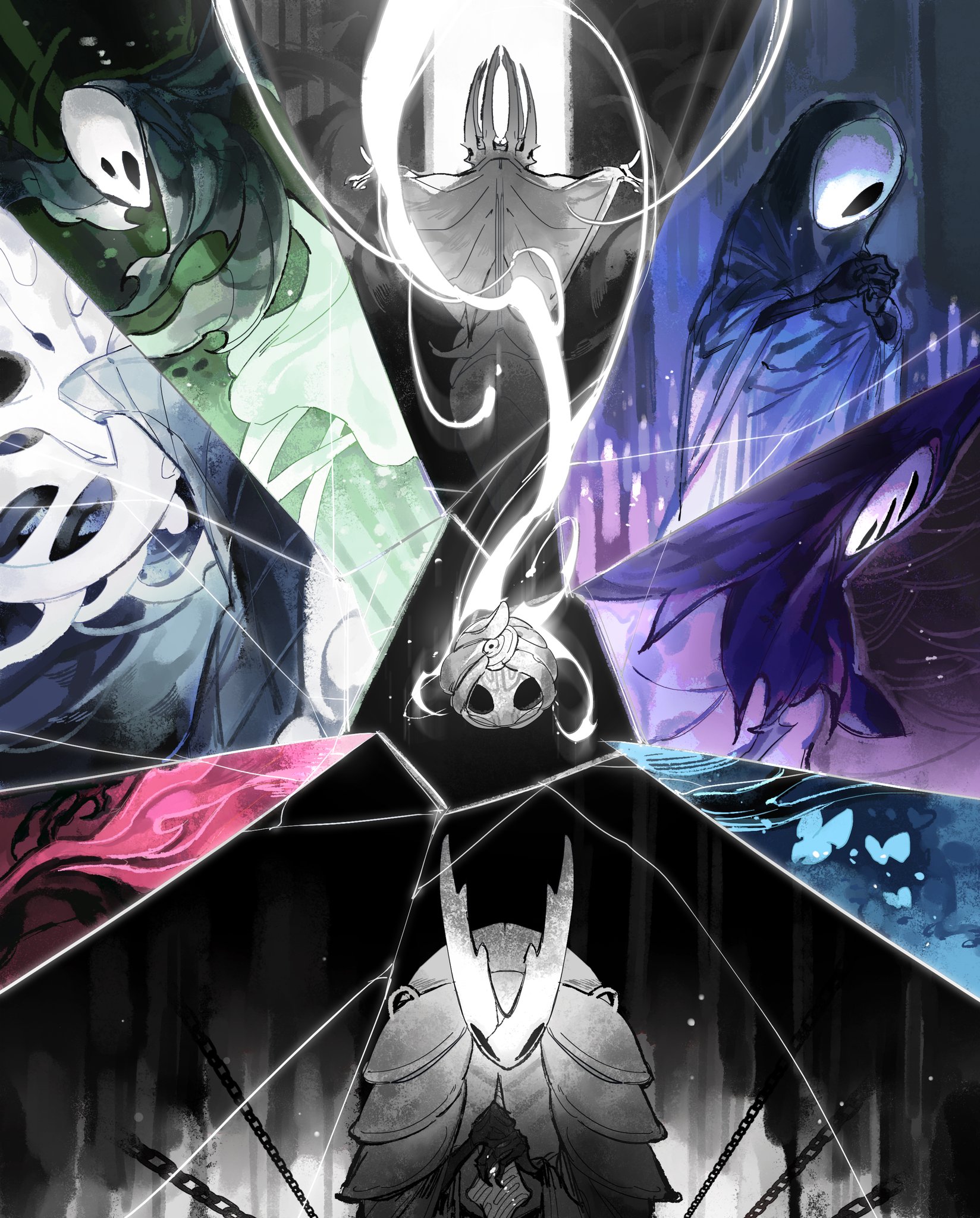 darkdog, herrah (hollow knight), hollow knight (character), lurien (hollow knight), monomon (hollow knight), pale king (hollow knight), white lady (hollow knight), hollow knight, highres, 1other, 2boys, 3girls, black eyes, black robe, bug, crack, crown, hollow eyes, mask, multiple boys, multiple girls, robe, white mask, white robe