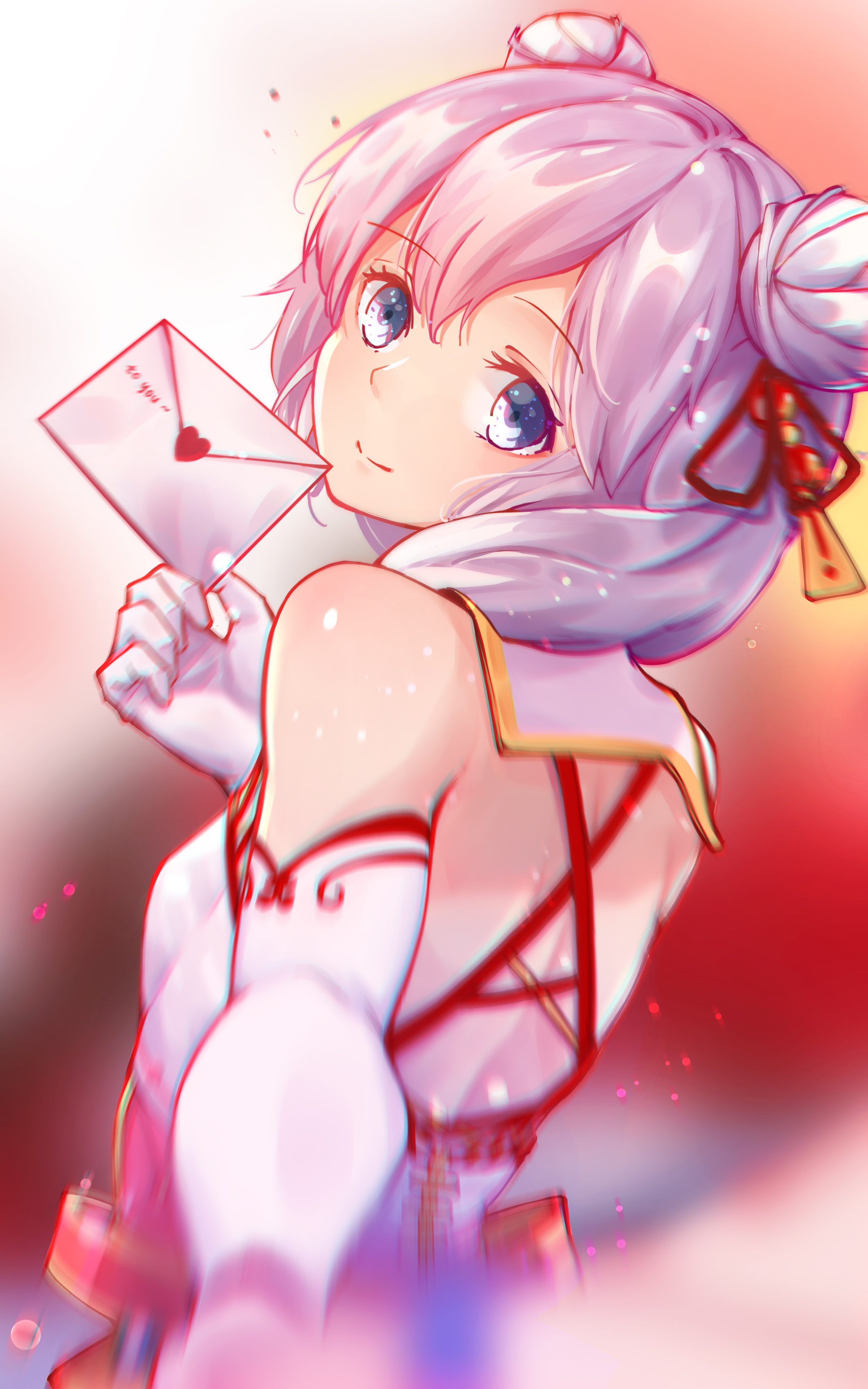 luojiwei, theresa apocalypse, honkai (series), honkai impact 3rd, absurdres, highres, 1girl, blue eyes, china dress, chinese clothes, closed mouth, double bun, dress, elbow gloves, gloves, hair bun, hair ornament, holding, holding letter, letter, looking at viewer, looking back, smile, solo, tareme, valentine, white dress, white gloves, white hair