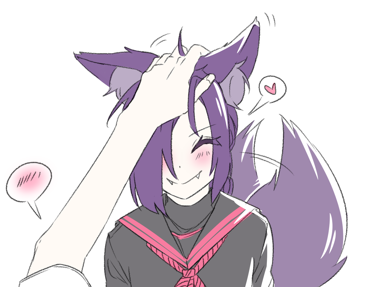 chikujouin magane, re:creators, 1girl, blush, fangs, fox girl, hair over one eye, heart, lha-san, petting, purple hair, school uniform, simple background, spoken blush, spoken heart, tail, tail wagging, white background