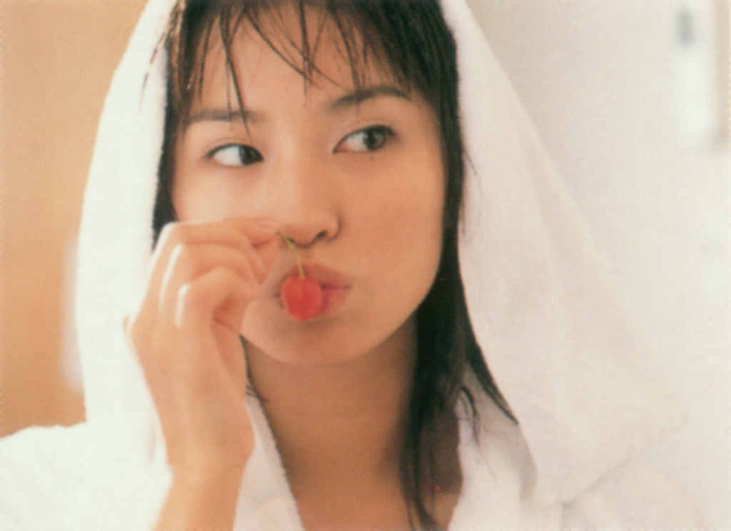 ichikawa yui, photo (medium), 1girl, asian, brown hair, cherry, female focus, food, fruit, indoors, mole, robe, solo, towel