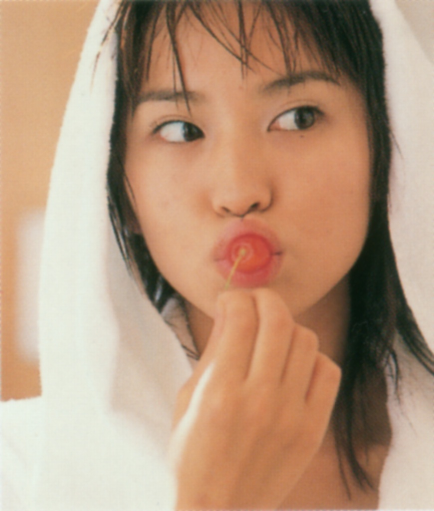 ichikawa yui, photo (medium), 1girl, asian, brown hair, cherry, female focus, food, fruit, indoors, mole, robe, solo, towel