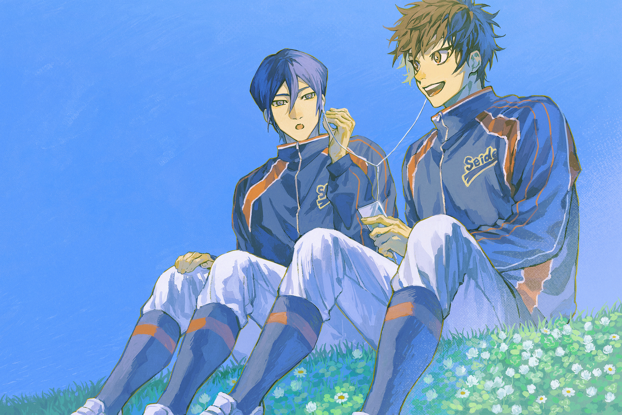 jshdirk, furuya satoru, sawamura eijun, ace of diamond, commentary request, highres, 2boys, blue hair, brown hair, earphones, feet out of frame, from below, hair between eyes, holding, long sleeves, male focus, multiple boys, on grass, open mouth, pants, seidou high school jacket, shared earphones, short hair, sitting, sky, smile, socks over pants, teeth, upper teeth only, white pants, zipper pull tab