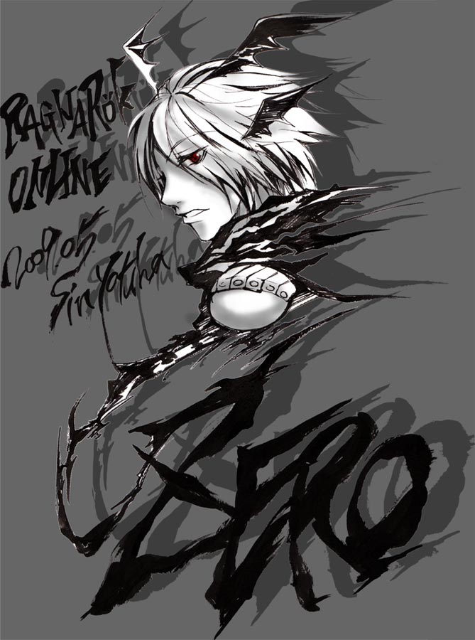 assassin cross (ragnarok online), ragnarok online, commentary request, 1boy, armor, copyright name, cropped torso, dated, demon wings, eyes visible through hair, greyscale, hair over one eye, head wings, looking at viewer, looking to the side, male focus, monochrome, parted lips, pauldrons, portrait, red eyes, shadow, short hair, shoulder armor, solo, spot color, wings, yotuha428