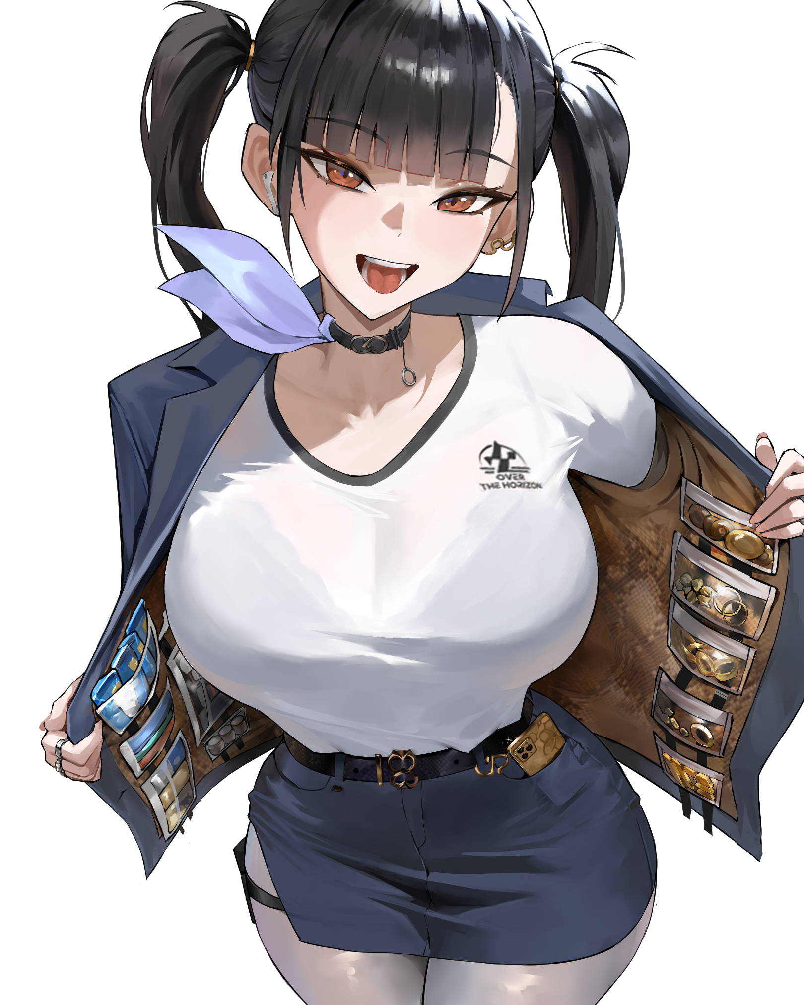 rawoon d, sora (nikke), goddess of victory: nikke, highres, 1girl, belt, black belt, black hair, blue jacket, blue skirt, breasts, brown eyes, cellphone, choker, contraband, curvy, huge breasts, jacket, jewelry, miniskirt, open clothes, open jacket, open mouth, opened by self, pantyhose, phone, ring, shirt, shirt tucked in, simple background, single earphone, skirt, smartphone, solo, teeth, tongue, twintails, white background, white pantyhose, white shirt, wide hips
