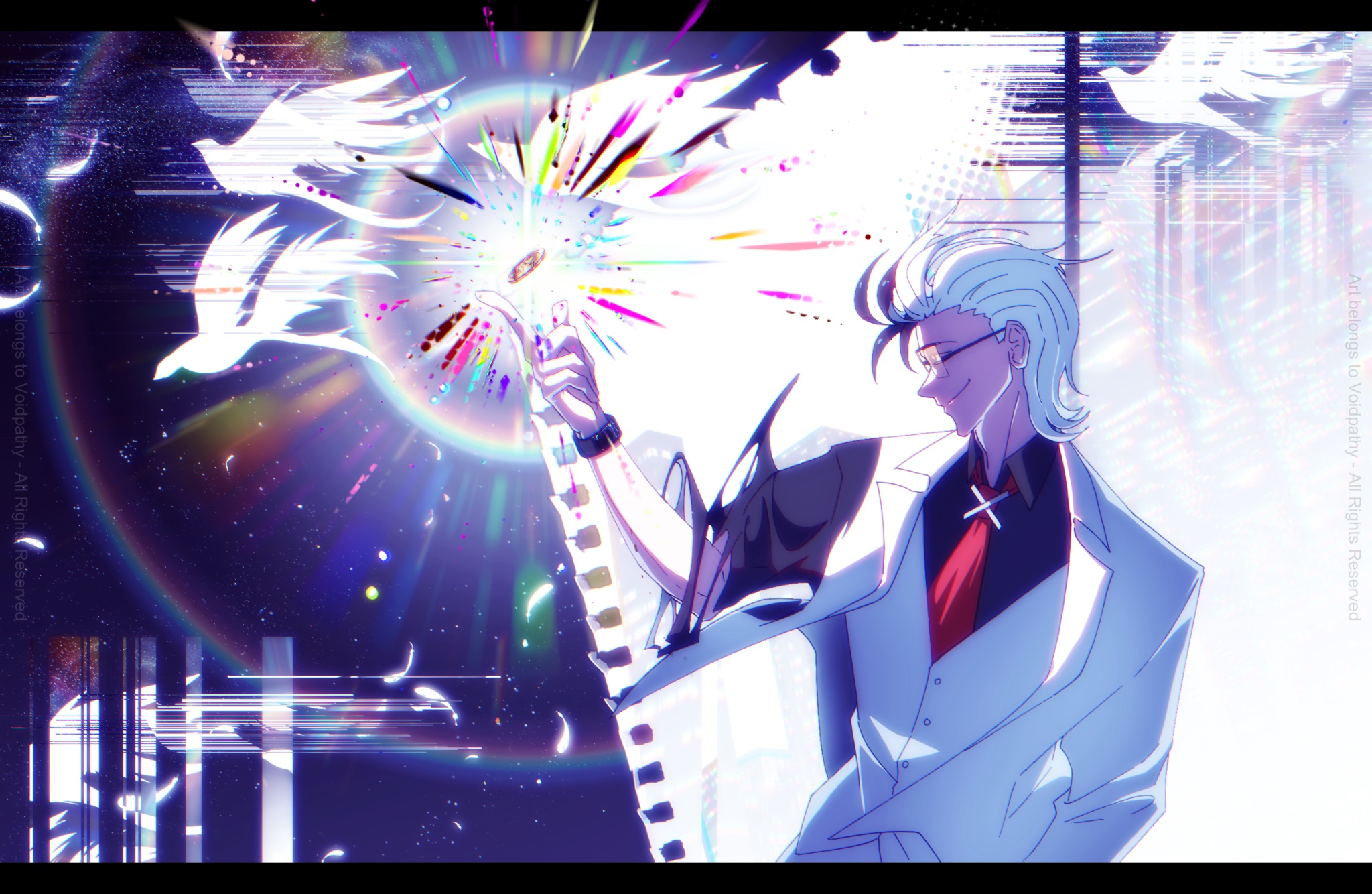voidpathy, x (to be hero x), to be hero, to be hero x, highres, bird, coin, formal clothes, hair slicked back, mullet, rainbow outline, smug, snapping fingers, suit, tinted eyewear, transformation, vest, white suit, white vest, yellow-tinted eyewear