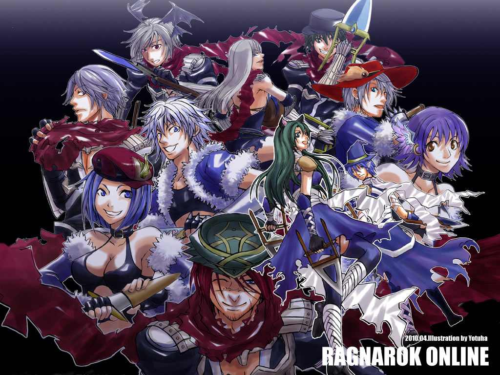 assassin (ragnarok online), assassin cross (ragnarok online), stalker (ragnarok online), ragnarok online, commentary request, 4girls, 6+boys, animal ears, armor, bandages, bandages over clothes, beret, black background, black gloves, black shirt, black tank top, black wings, blue cape, blue eyes, blue hair, blue jacket, blue leotard, blue thighhighs, breasts, brown eyes, cape, cat ears, cat girl, cleavage, closed mouth, copyright name, dagger, dated, demon wings, detached sleeves, fingerless gloves, full body, fur-trimmed jacket, fur trim, gloves, green eyes, green hair, grey eyes, grey hair, grin, hat, holding, holding dagger, holding knife, holding weapon, jacket, jamadhar, knife, large breasts, leotard, long hair, looking at viewer, medium breasts, military hat, multiple boys, multiple girls, one eye closed, open mouth, pauldrons, plume, purple hair, purple sleeves, red eyes, red hair, red hat, red scarf, scar, scar on face, scar on nose, scarf, shirt, short hair, shoulder armor, sideways hat, small breasts, smile, tank top, thighhighs, torn clothes, torn scarf, upper body, vambraces, waist cape, weapon, wings, yotuha428