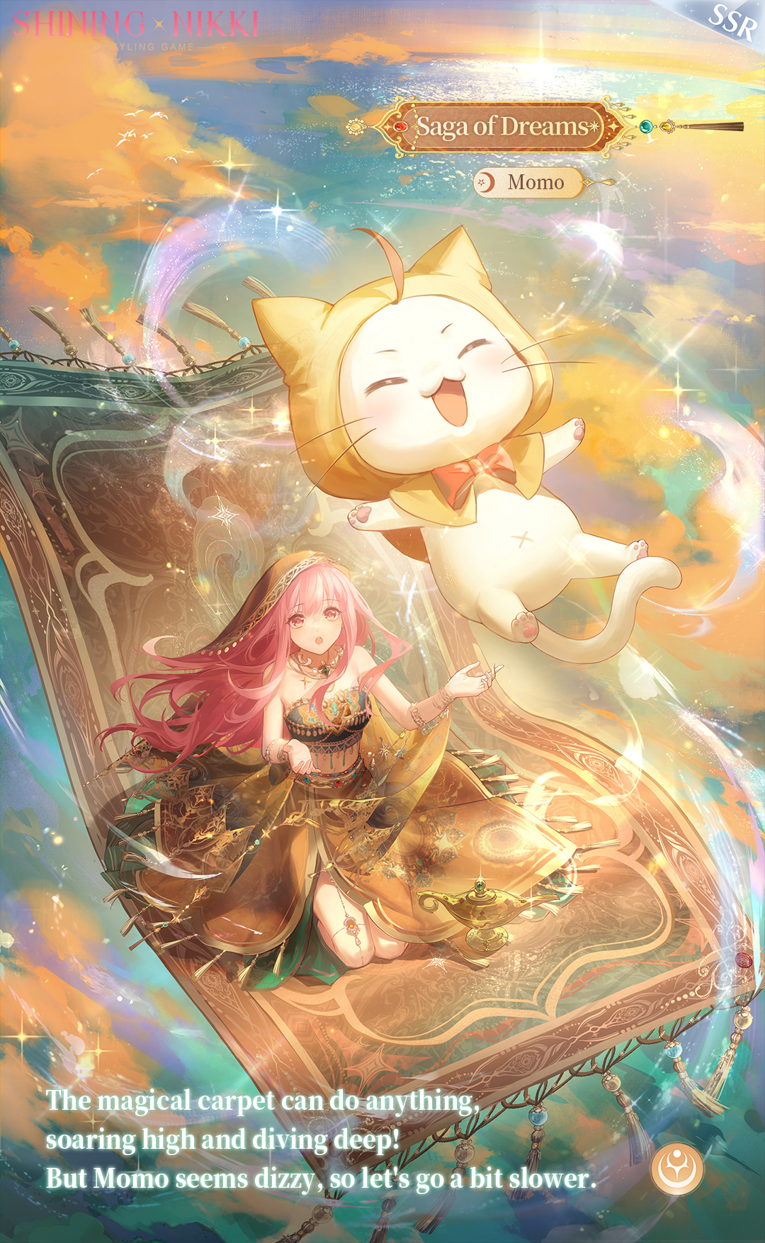momo (nikki), nikki (nikki), nikki (series), shining nikki, artist request, highres, official art, second-party source, 1girl, animal, arabian clothes, bare shoulders, barefoot sandals (jewelry), cat, catching, character name, clothed animal, cloud, copyright name, english text, falling, fringe trim, full body, gold necklace, happy, high-waist skirt, jewelry, kneeling, light particles, logo, long hair, long skirt, looking at animal, magic, magic carpet, midriff, necklace, ocean, orange skirt, orange sky, orange tube top, orange veil, outdoors, outstretched arms, pink hair, side slit, sidelocks, skirt, sky, sparkle, strapless, sun, sunrise, surprised, tale of wishes (shining nikki), tube top, veil, very long hair, white cat