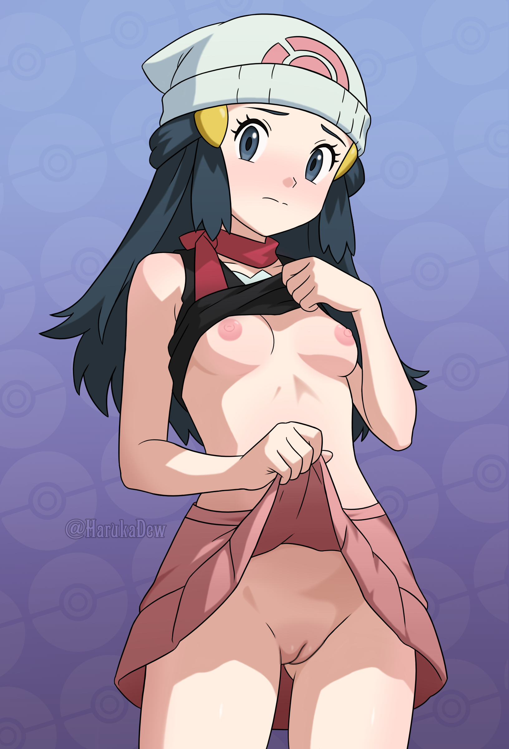 harukadew, dawn (pokemon), nintendo, pokemon, pokemon dppt, absurdres, highres, 1girl, black hair, black shirt, blue eyes, blush, breasts, cleft of venus, clothes lift, hat, lifting own clothes, long hair, nipples, no bra, no panties, pink skirt, purple background, pussy, shirt, shirt lift, skirt, skirt lift, small breasts, solo, stomach, thighs, uncensored, white hat