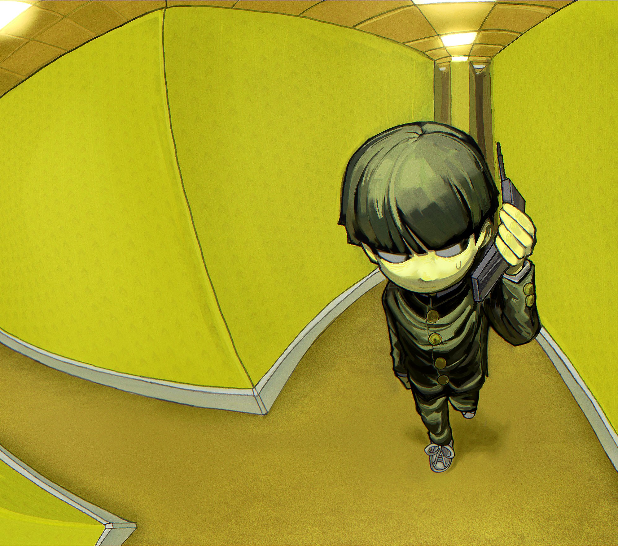 7a99och, kageyama shigeo, backrooms (creepypasta), mob psycho 100, highres, black hair, bowl cut, ceiling, ceiling light, cellphone, closed mouth, flip phone, gakuran, holding, indoors, liminal space, long sleeves, phone, school uniform, short hair, solo, tile ceiling, tiles, walking