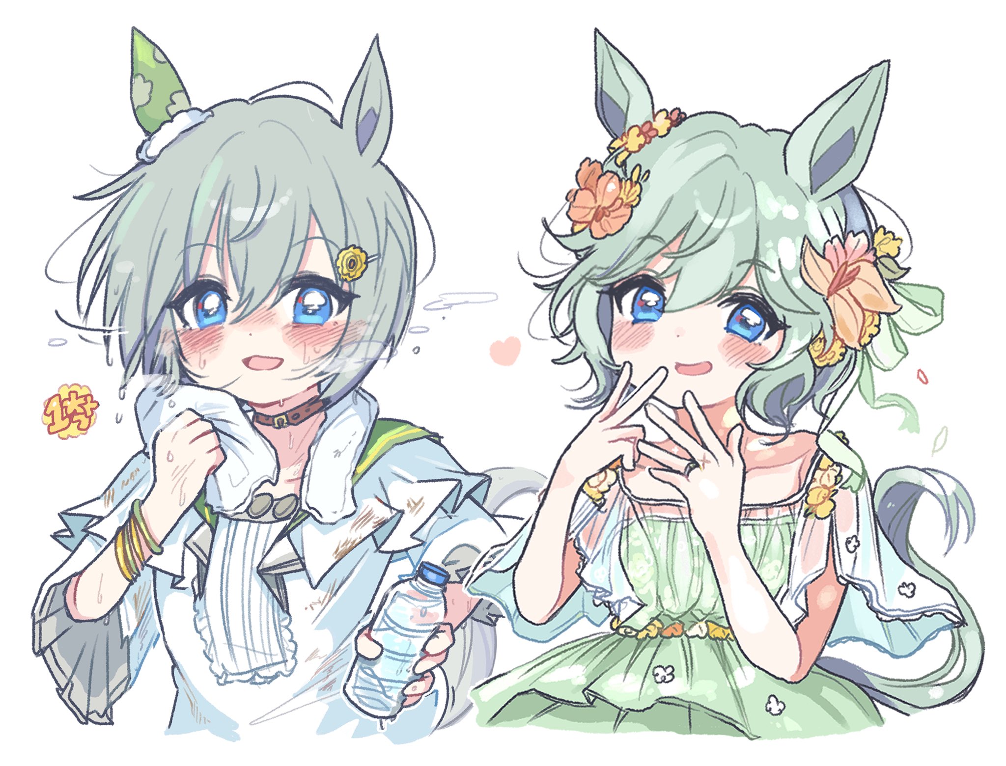 kerimka31328031, seiun sky (umamusume), umamusume, highres, 1girl, animal ears, blue eyes, blush, bottle, bow, bracelet, brown choker, choker, dress, ear bow, ear covers, flower, green dress, green sailor collar, grey hair, hair between eyes, hair flower, hair ornament, hairclip, heart, holding, holding bottle, holding towel, horse ears, horse girl, horse tail, jewelry, looking at viewer, open mouth, sailor collar, shirt, short hair, single ear cover, smile, sunflower, sunflower hair ornament, tail, towel, water bottle, white shirt