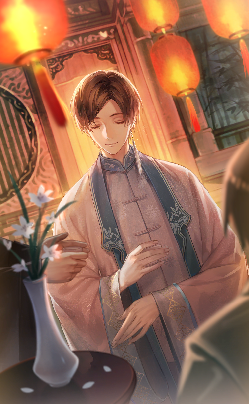 nikki (series), shining nikki, artist request, game cg, highres, official art, 1boy, bamboo, brown hair, card (medium), character name, chinese clothes, closed eyes, closed mouth, earrings, eyelashes, fingernails, flower, hanfu, happy, jewelry, lantern, long sleeves, male focus, mandarin collar, night, outdoors, paper lantern, pillar, qin yi, robe, short hair, single earring, smile, solo, tassel, tassel earrings, upper body, vase, white flower, white hanfu, white robe, wide sleeves