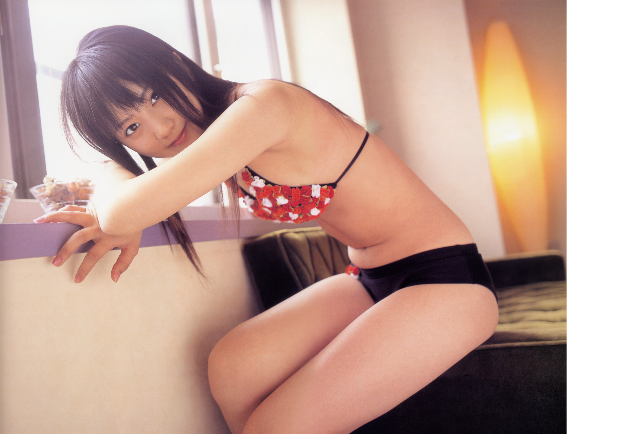 hamada shoko, lolita race queen, highres, photo (medium), tagme, 1girl, asian, bikini, breasts, brown hair, female focus, indoors, long hair, looking at viewer, small breasts, smile, solo, swimsuit