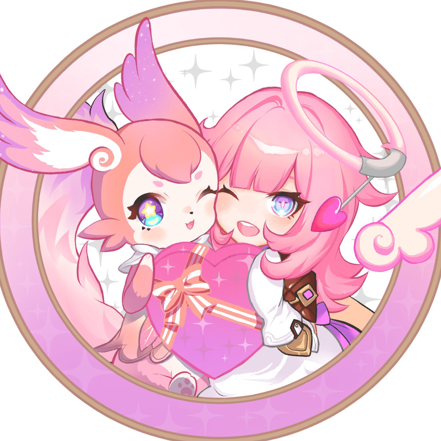 happal9v6l, elf elysia, inoue marina, mem (honkai: star rail), honkai: star rail, honkai (series), honkai impact 3rd, commentary request, highres, 1girl, angel wings, blue eyes, box, dress, gloves, halo, heart-shaped box, one eye closed, open mouth, pink hair, star-shaped pupils, star (symbol), symbol-shaped pupils, tail, teeth, upper teeth only, voice actor connection, white dress, white gloves, wings