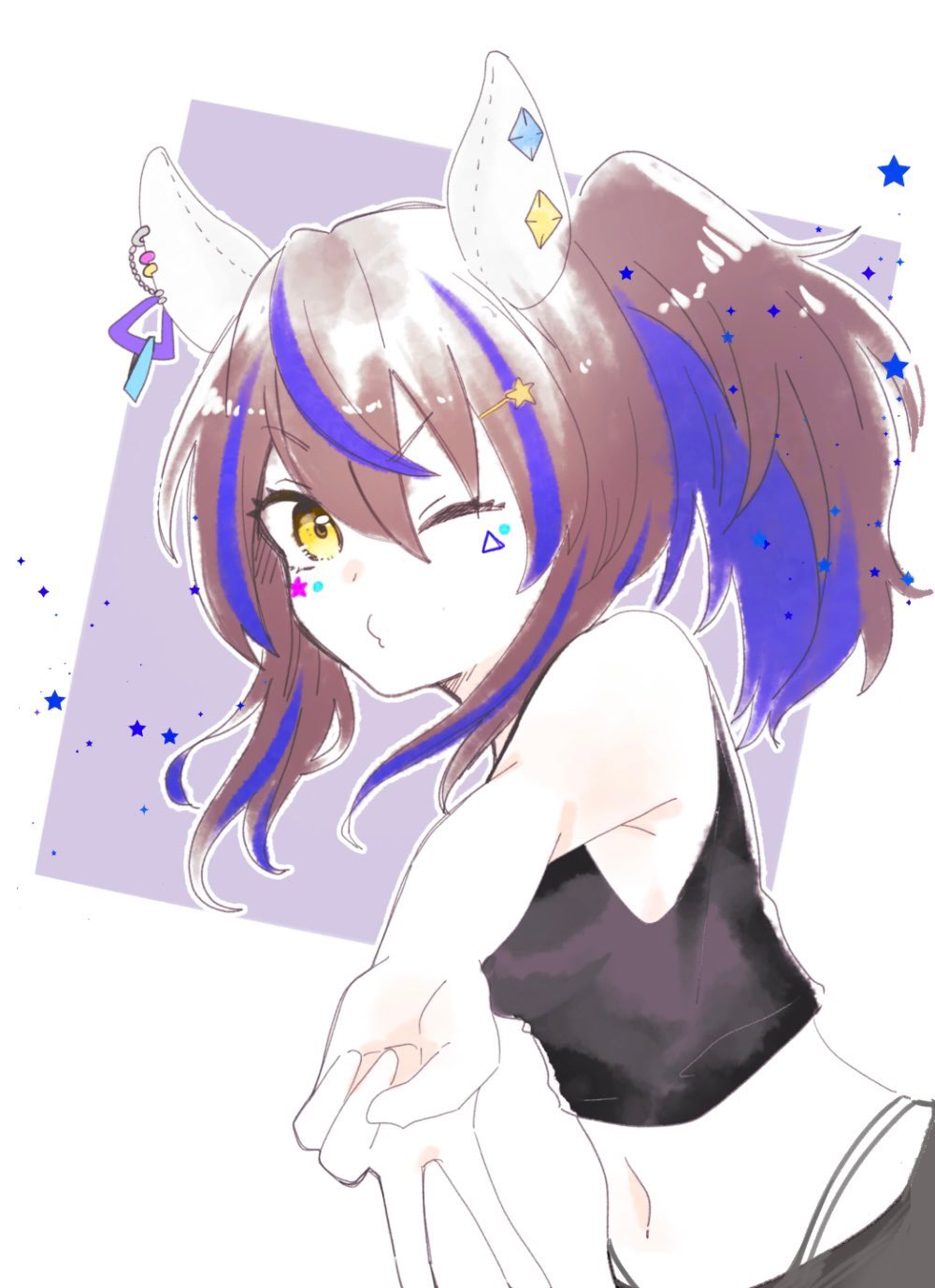 segawa rui, daitaku helios (umamusume), umamusume, highres, 1girl, animal ears, bare shoulders, black shirt, black shorts, blue hair, brown hair, cropped shirt, ear covers, ear ornament, hair between eyes, hair ornament, hairclip, horse ears, horse girl, long hair, looking at viewer, midriff, multicolored hair, navel, one eye closed, shirt, shorts, side ponytail, solo, star (symbol), streaked hair, v, yellow eyes