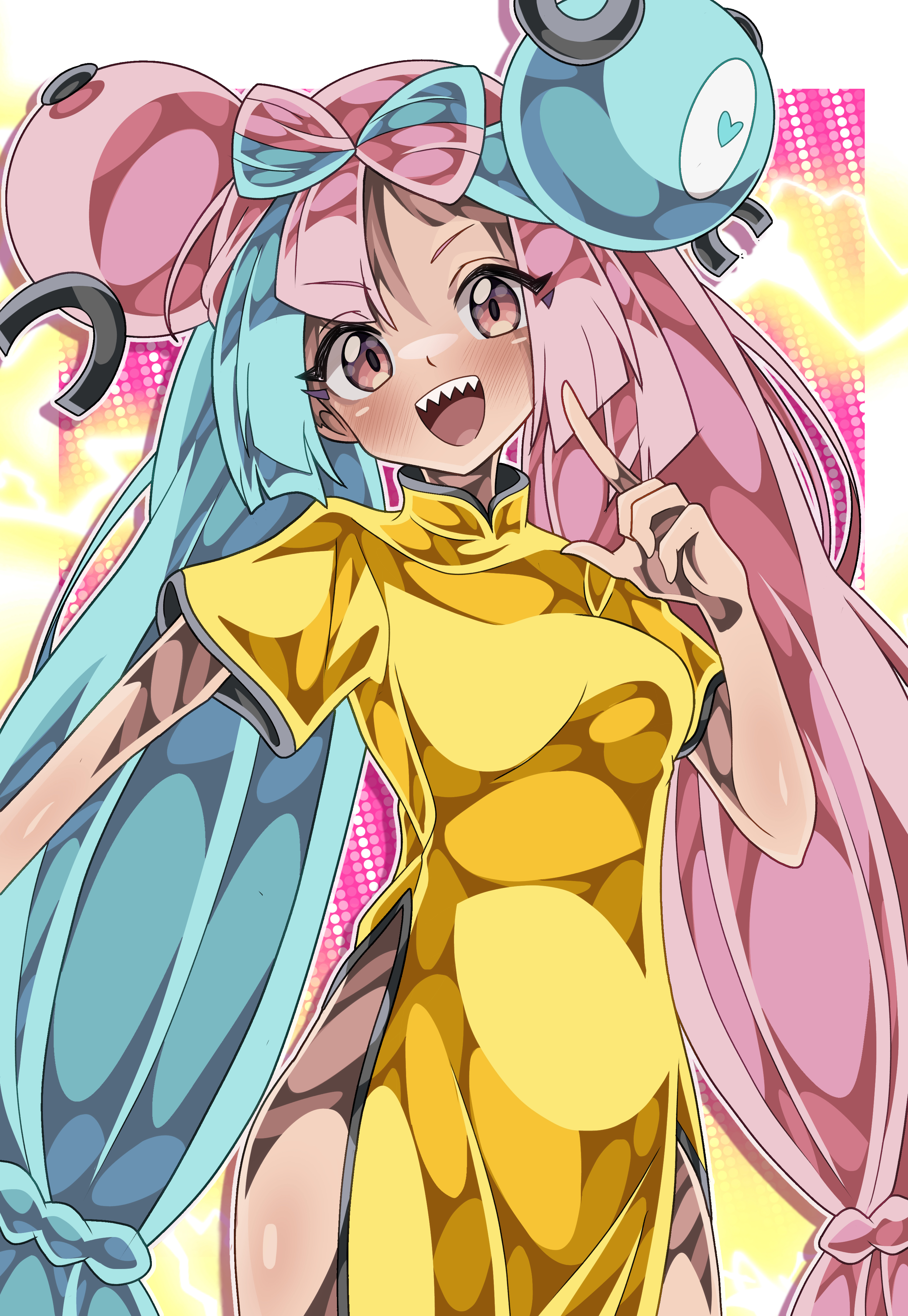 shiki (kisikisi1007), iono (pokemon), nintendo, pokemon, pokemon swsh, absurdres, highres, 1girl, blue hair, blush, character hair ornament, dress, hair ornament, long hair, looking at viewer, low twintails, multicolored hair, open mouth, pink hair, purple eyes, sharp teeth, smile, solo, teeth, twintails, two-tone hair, very long hair, yellow dress