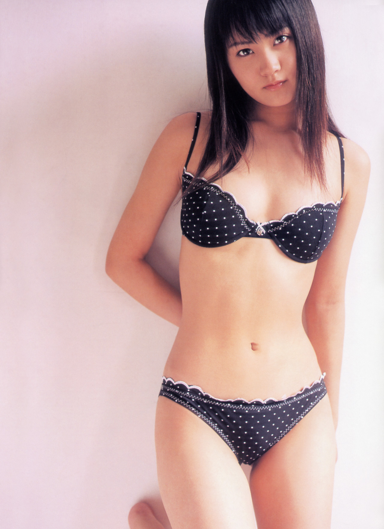 hamada shoko, lolita race queen, highres, photo (medium), tagme, 1girl, asian, bikini, breasts, brown hair, female focus, indoors, long hair, looking at viewer, small breasts, solo, swimsuit