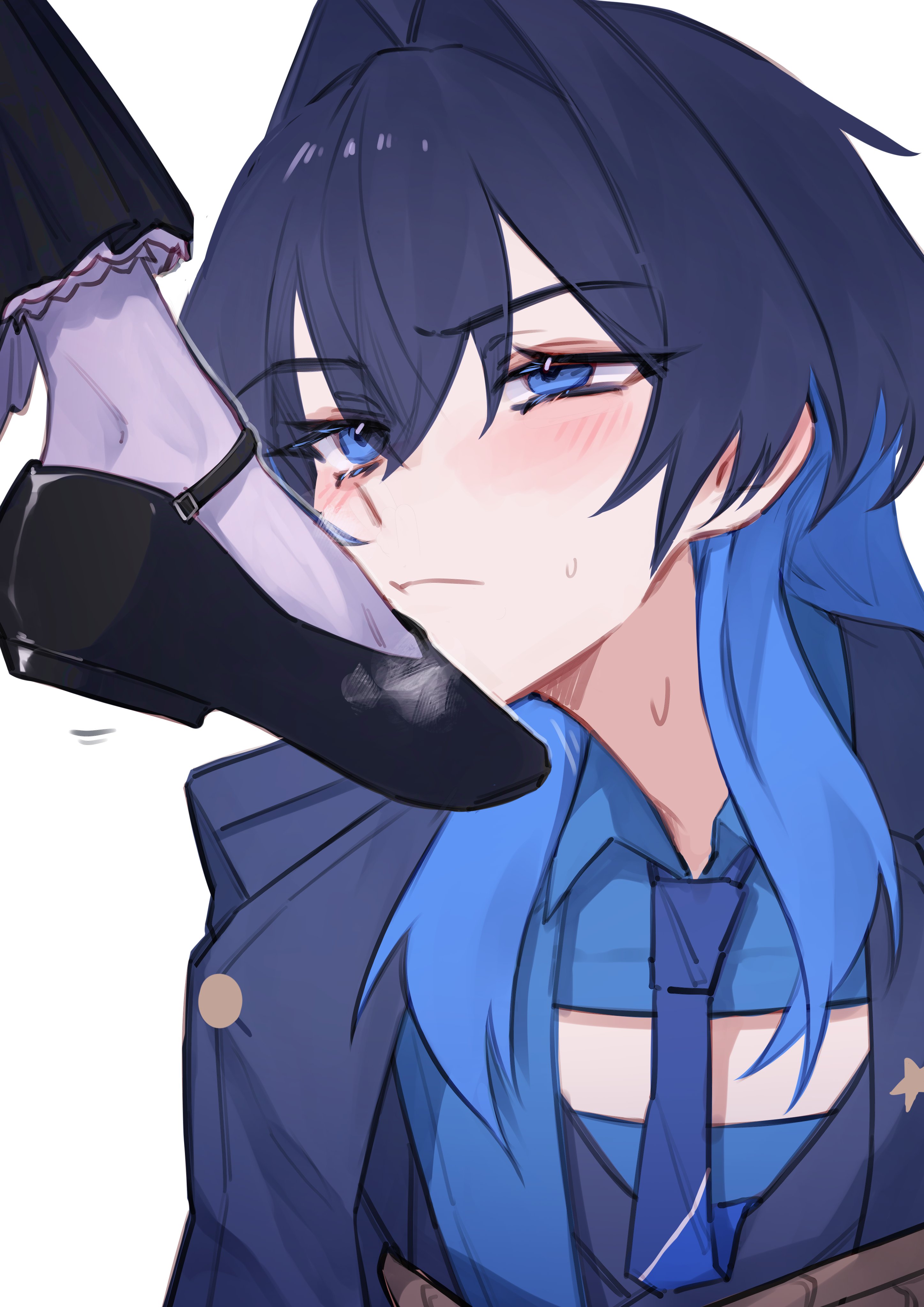 hunk 404, ouro kronii, ouro kronii (4th costume), ouro kronii (maid), hololive, hololive english, absurdres, highres, 2girls, black dress, black hair, black shoes, blue coat, blue eyes, blue hair, blue jacket, blue necktie, coat, dress, hair intakes, jacket, mary janes, multicolored hair, multiple girls, necktie, official alternate costume, official alternate hairstyle, pantyhose, shoes, simple background, sweat, two-tone hair, virtual youtuber, white background, white pantyhose, wolf cut