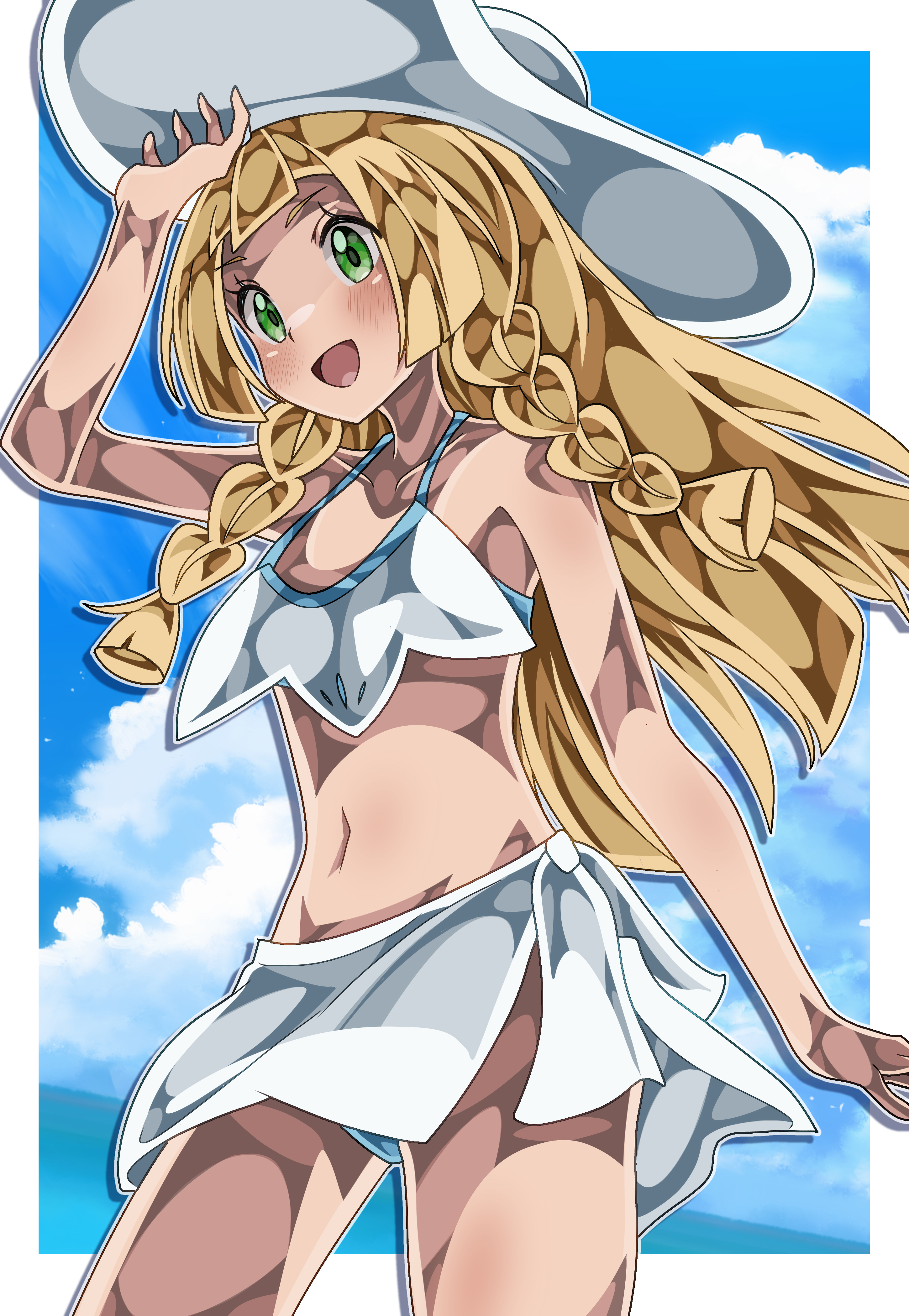 shiki (kisikisi1007), lillie (pokemon), nintendo, pokemon, pokemon sm, absurdres, highres, arm up, bikini, blonde hair, blue sky, border, breasts, cloud, green eyes, hat, long hair, looking at viewer, navel, open mouth, skirt, sky, small breasts, smile, solo, sun hat, swimsuit, white bikini, white border, white hat, white skirt
