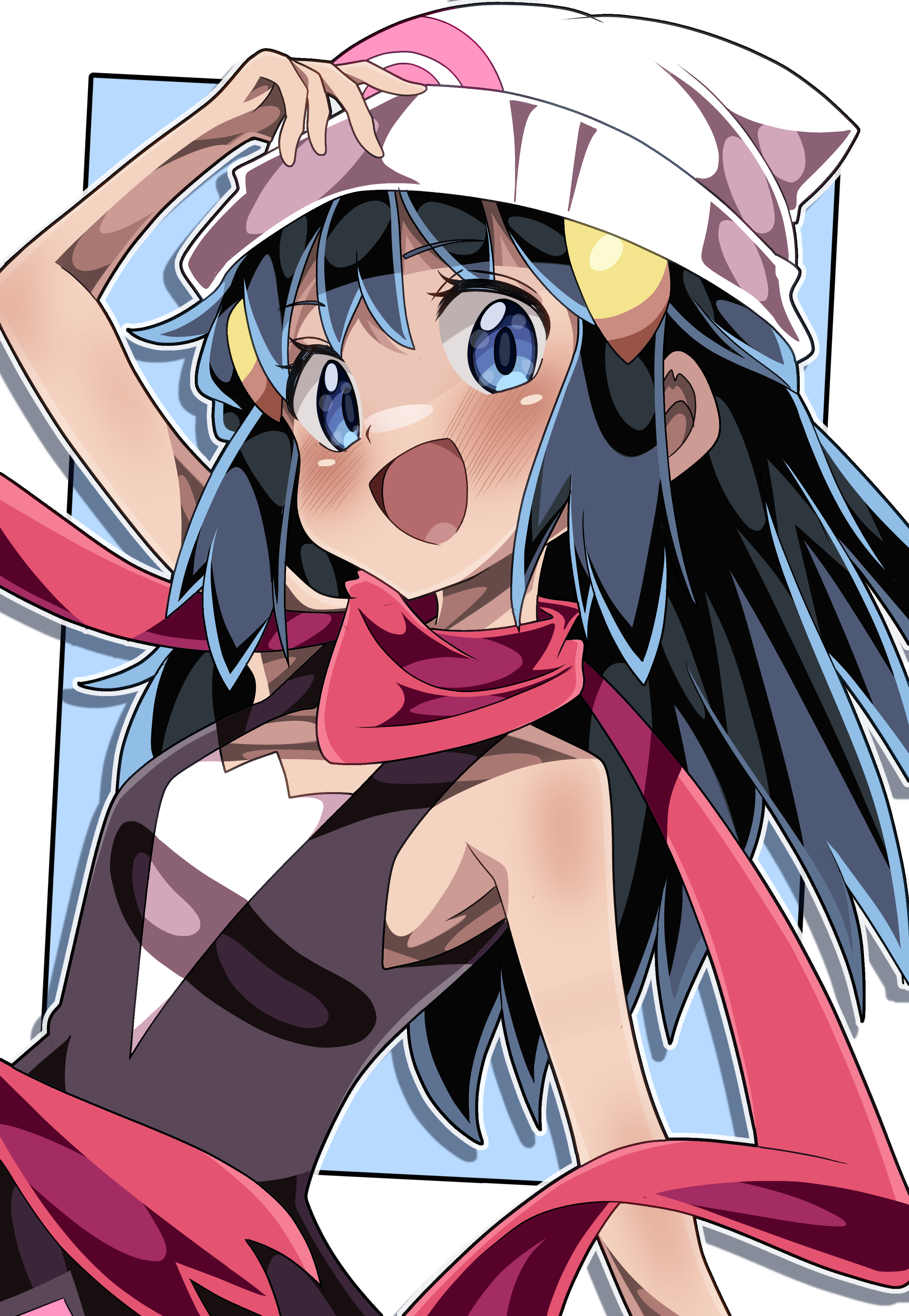 shiki (kisikisi1007), dawn (pokemon), nintendo, pokemon, pokemon dppt, absurdres, highres, 1girl, arm up, black shirt, blue eyes, blue hair, hair ornament, hairpin, hat, looking at viewer, pink scarf, scarf, shirt, sidelocks, sleeveless, sleeveless shirt, smile, solo, white hat