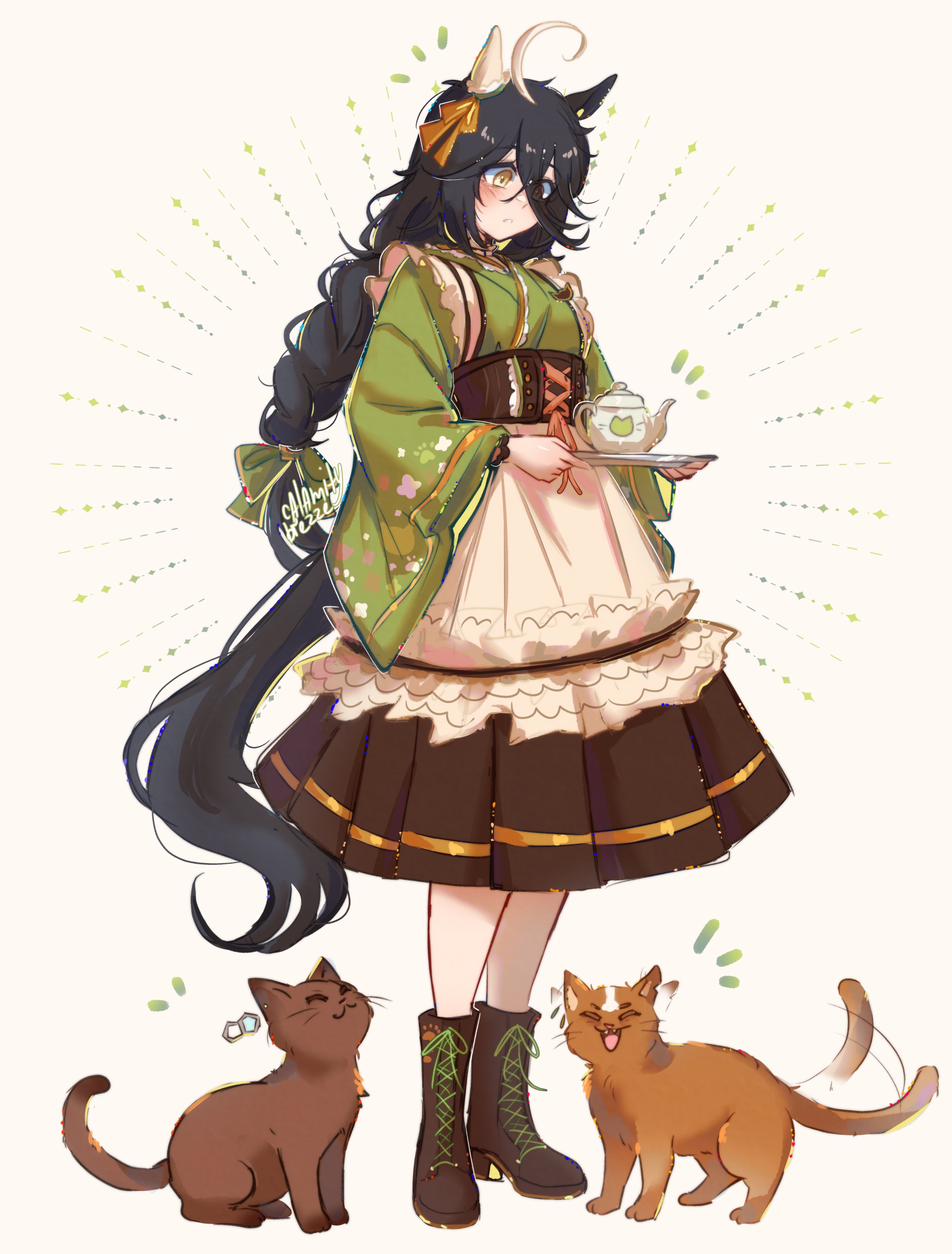 calamity brezze, agnes tachyon (umamusume), jungle pocket (umamusume), manhattan cafe (umamusume), manhattan cafe (verdant night) (umamusume), umamusume, absurdres, highres, 1girl, :3, ahoge, animal ears, animalization, black hair, blush, boots, bow, brown corset, cat tail, closed eyes, closed mouth, corset, ear covers, ear ornament, fangs, frilled kimono, frills, girdle, green bow, green kimono, hair between eyes, hair bow, hair ornament, holding, holding tray, horse ears, horse girl, horse tail, japanese clothes, kimono, long bangs, long hair, long hair between eyes, long sleeves, maid, multicolored hair, official alternate costume, official alternate hairstyle, open mouth, parted lips, single ear cover, smile, tail, teapot, tray, white hair, yellow eyes