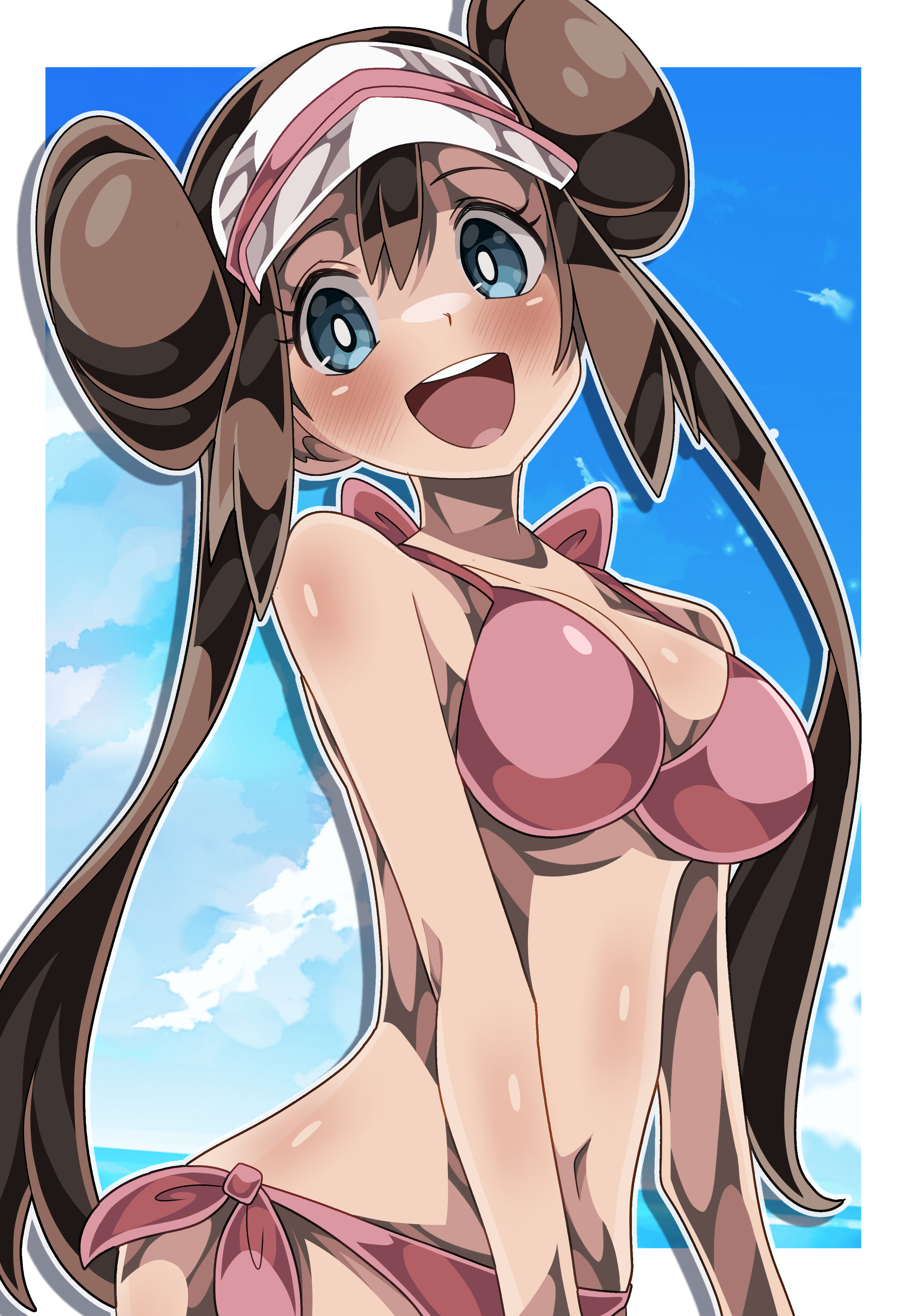 shiki (kisikisi1007), rosa (pokemon), nintendo, pokemon, pokemon bw2, absurdres, highres, 1girl, bikini, blue eyes, blue sky, blush, border, breasts, brown hair, cloud, double bun, hair bun, large breasts, looking at viewer, navel, open mouth, pink bikini, sky, smile, solo, swimsuit, teeth, twintails, upper teeth only, white border