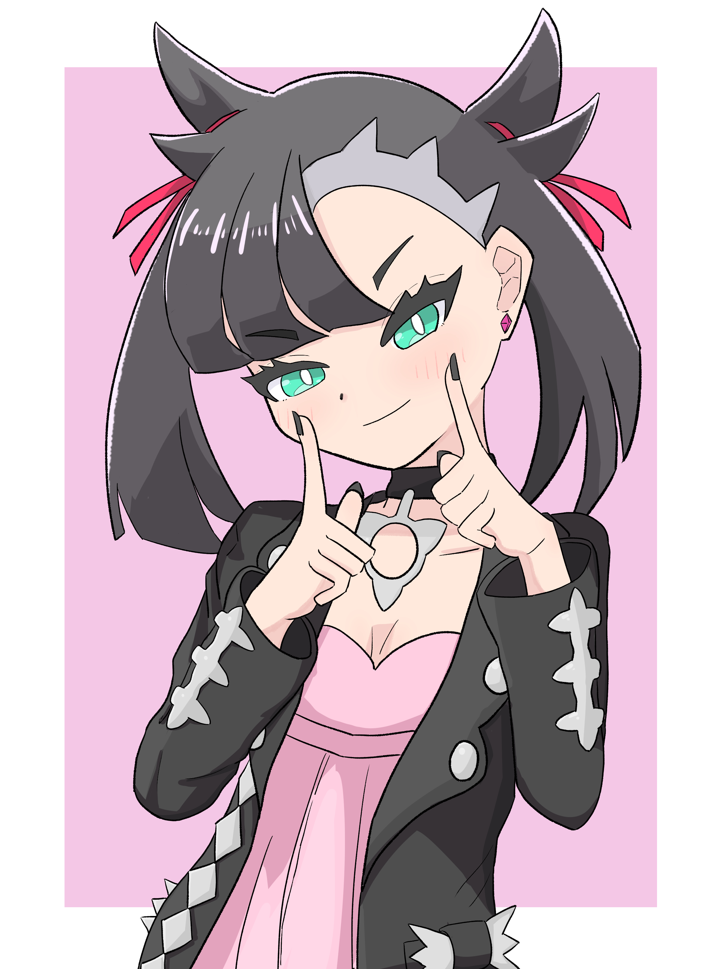 marnie (pokemon), nintendo, pokemon, pokemon swsh, absurdres, highres, 1girl, asymmetrical bangs, black choker, black hair, black jacket, black nails, border, breasts, choker, cleavage, closed mouth, dress, earrings, fingersmile, hair ribbon, hands up, index fingers raised, jacket, jewelry, mikaramuhibiki, pink background, pink dress, ribbon, small breasts, smile, solo, stud earrings, twintails, undercut, upper body, white border