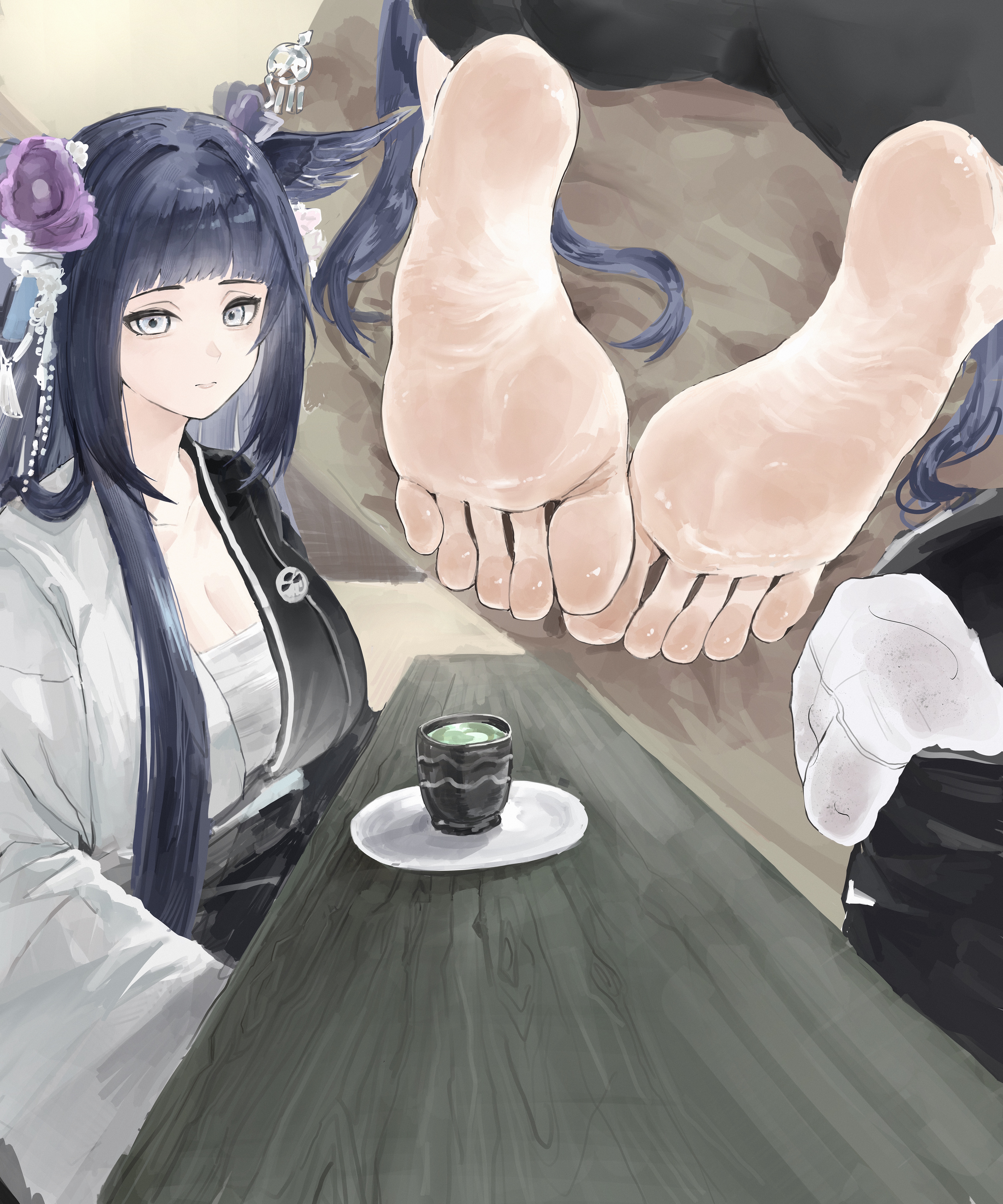 tiansuo haoer, mio (arknights), arknights, absurdres, highres, 1girl, barefoot, black hair, breasts, chest sarashi, cleavage, cup, cushion, feet, flower, foot focus, foreshortening, grey eyes, hair flower, hair ornament, looking at viewer, midriff sarashi, purple flower, sarashi, seiza, sitting, soles, solo, sweat, tabi, tea, teacup, zabuton