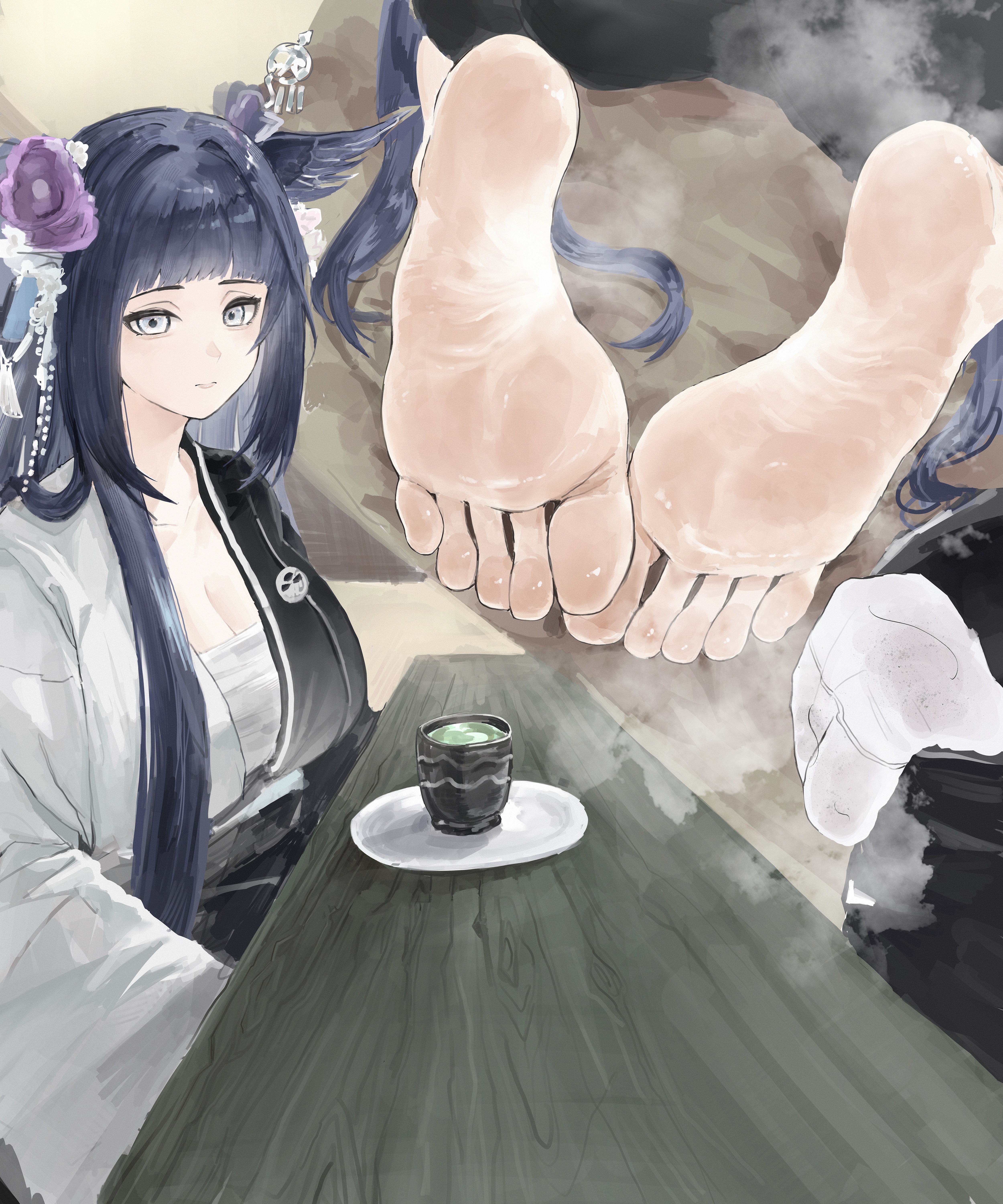 tiansuo haoer, mio (arknights), arknights, absurdres, highres, 1girl, barefoot, black hair, breasts, chest sarashi, cleavage, cup, cushion, feet, flower, foot focus, grey eyes, hair flower, hair ornament, looking at viewer, midriff sarashi, purple flower, sarashi, seiza, sitting, smell, soles, solo, tabi, tea, teacup, zabuton