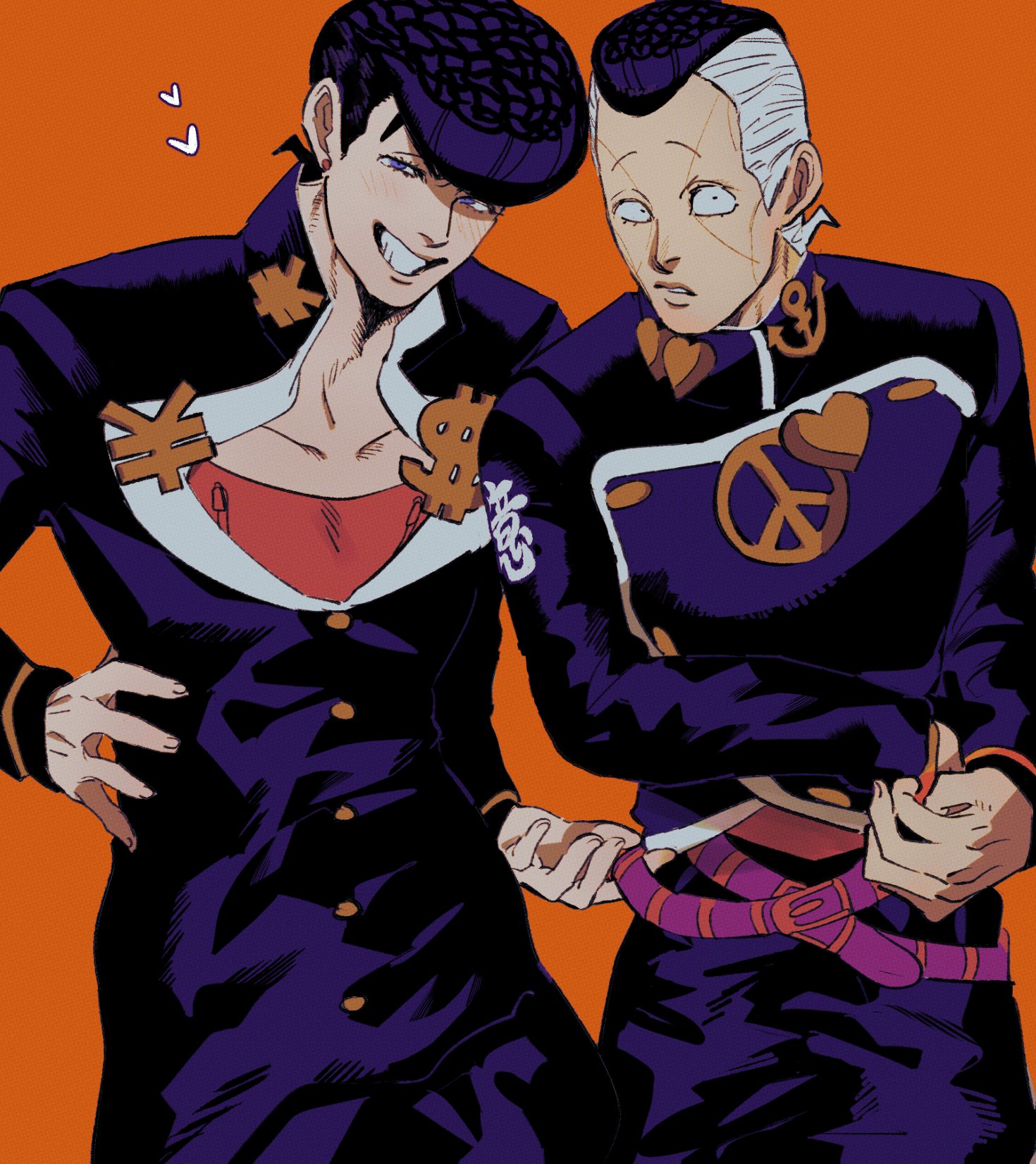 tirauraja, higashikata josuke, nijimura okuyasu, diamond wa kudakenai, jojo no kimyou na bouken, commentary request, highres, 2boys, anchor symbol, belt, black hair, blue eyes, brooch, collarbone, cosplay, costume switch, cowboy shot, dollar sign, facial mark, gakuran, grey hair, grin, hand on own hip, heart, jacket, jewelry, long sleeves, looking at viewer, male focus, multicolored hair, multiple belts, multiple boys, open clothes, open jacket, orange background, parted lips, pompadour, purple belt, red shirt, school uniform, shirt, short hair, short sideburns, smile, teeth, two-tone hair, uneven eyes, wide-eyed, yen sign