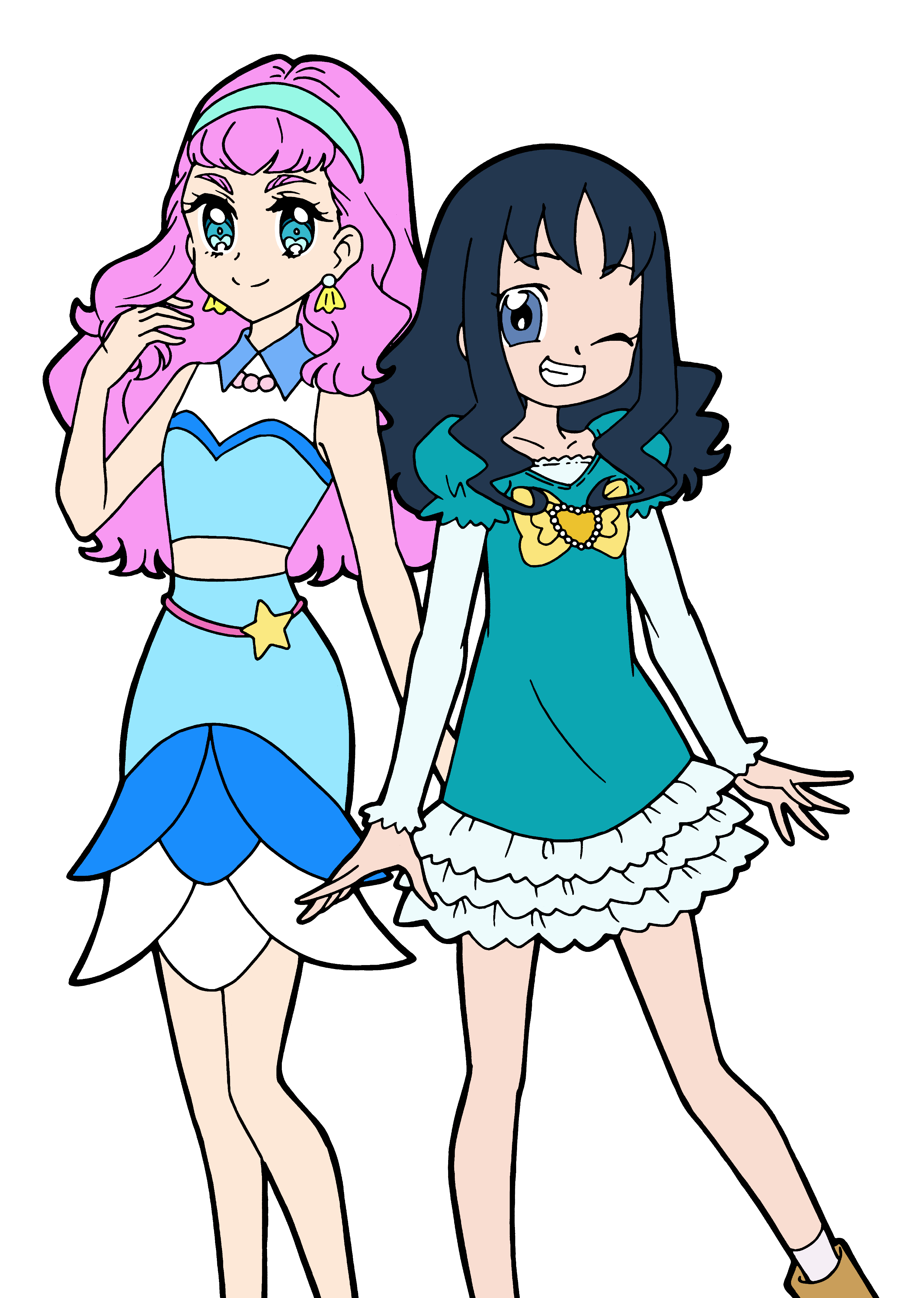 masami 01st, kurumi erika, laura la mer, heartcatch precure!, precure, tropical-rouge! precure, absurdres, commentary, highres, 2girls, ;d, aqua hairband, bare arms, bare legs, blue eyes, blue hair, blue shirt, blue skirt, boots, bow, brown boots, closed mouth, collared shirt, cropped shirt, dress, dress under shirt, earrings, feet out of frame, frilled dress, frilled sleeves, frills, grin, hairband, hand up, in-franchise crossover, jewelry, layered sleeves, legs apart, legs together, long hair, long sleeves, looking at viewer, midriff, multiple girls, necklace, one eye closed, open mouth, pearl necklace, pink hair, puffy short sleeves, puffy sleeves, shell, shell earrings, shirt, shirt bow, short dress, short sleeves, simple background, skirt, sleeveless, sleeveless shirt, smile, socks, split mouth, standing, wavy hair, white background, white dress, white sleeves, white socks