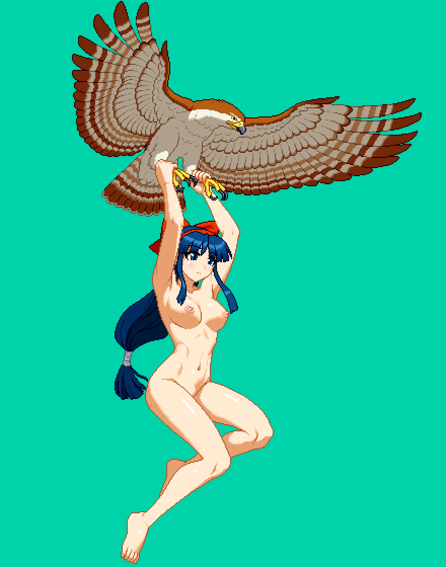mamahaha, nakoruru, samurai spirits, snk, the king of fighters, highres, 1girl, alternate hairstyle, armpits, arms up, barefoot, blue eyes, blue hair, breasts, feet, hair ribbon, large breasts, legs, long hair, navel, nipples, pixel art, ribbon, short hair, thighs, toned